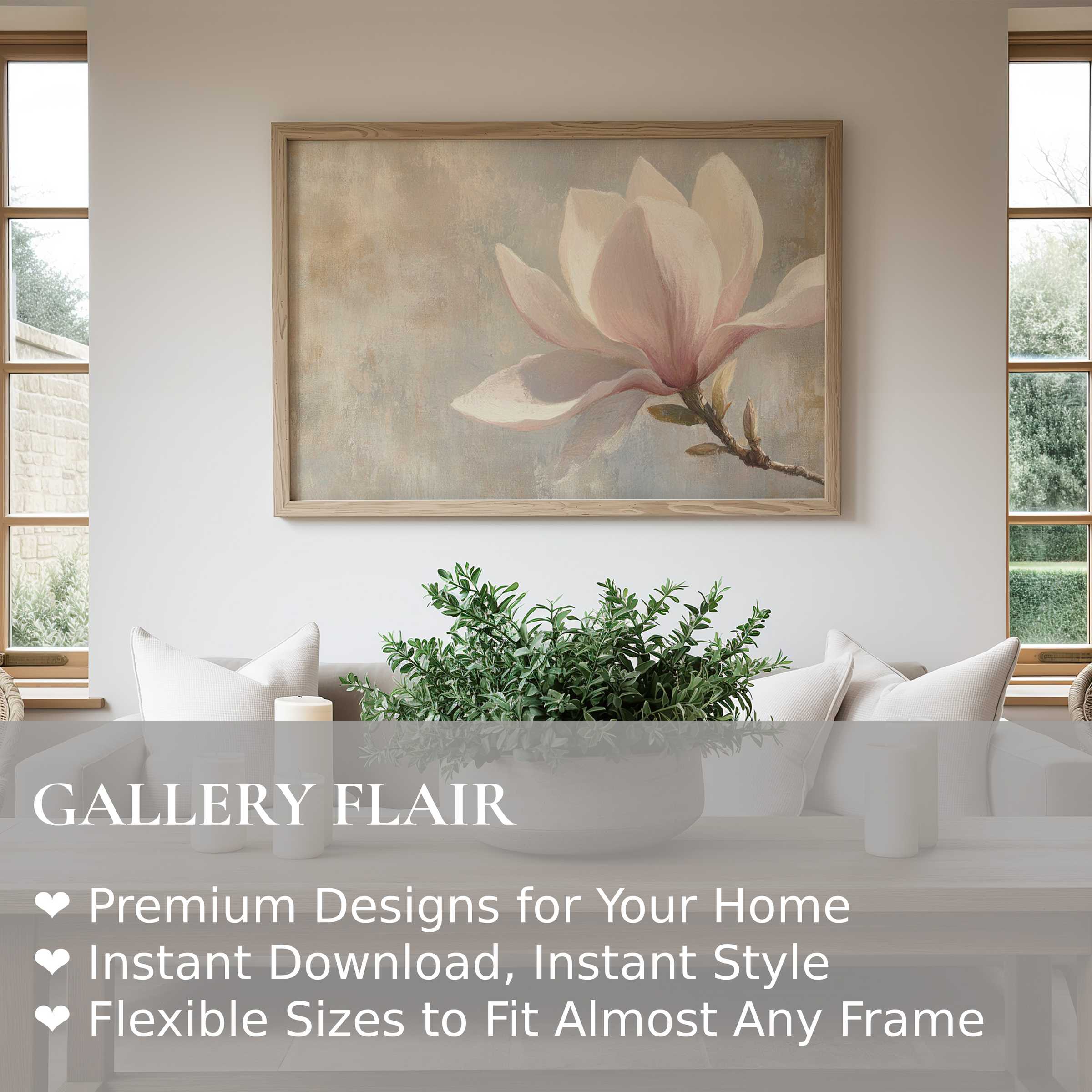 Elegant spring wall art print featuring a soft magnolia blossom in muted tones, enhancing serene modern farmhouse interiors