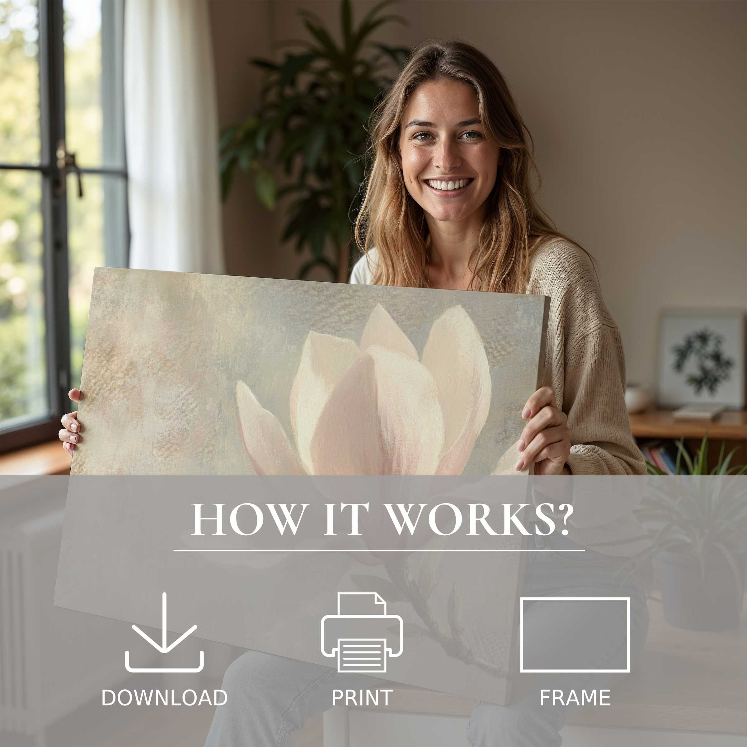 A serene moment in a modern home where spring digital art print blooms softly, inspiring joy through effortless elegance