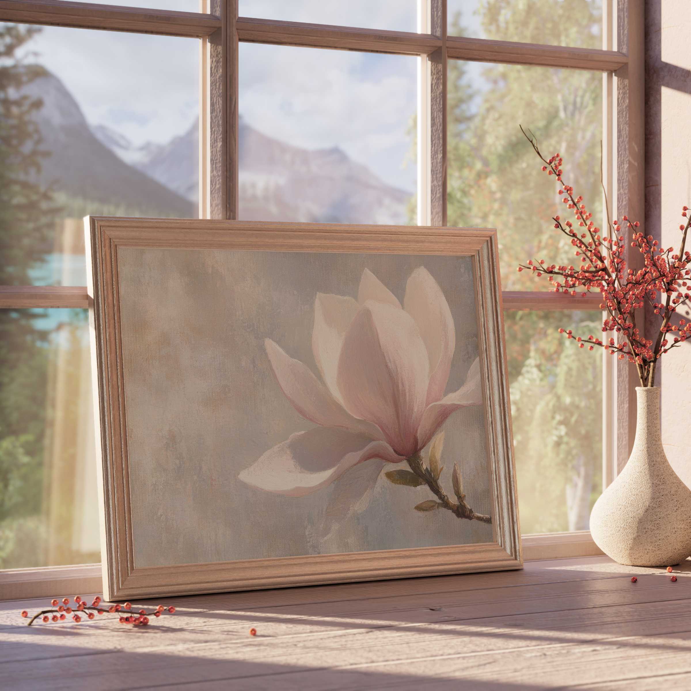Elegant spring downloadable art featuring a delicate magnolia bloom, enriching serene, curated interiors with soft light and natural calm