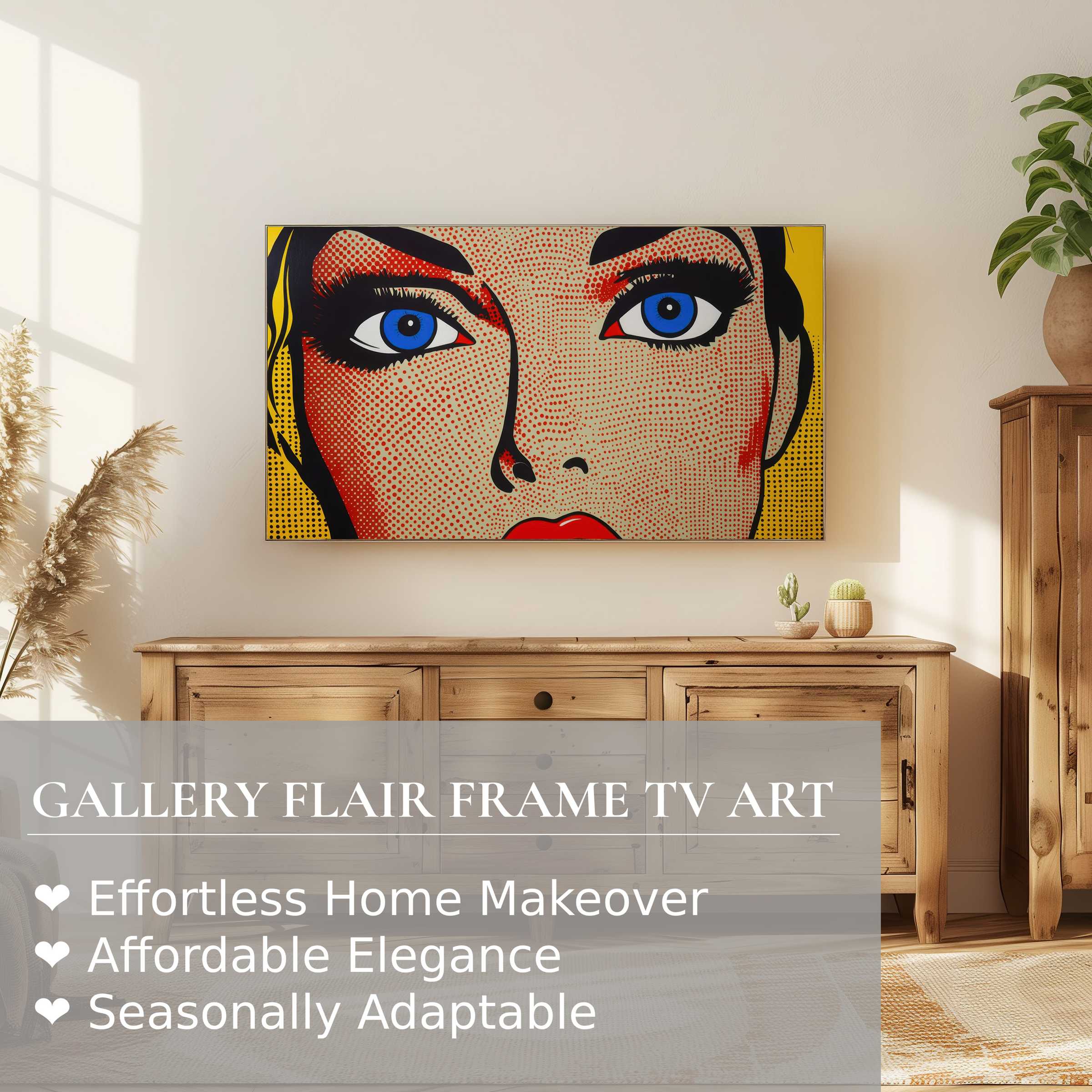Samsung Frame TV displays vivid pop art digital artwork in a chic, sunlit living room with natural wood accents