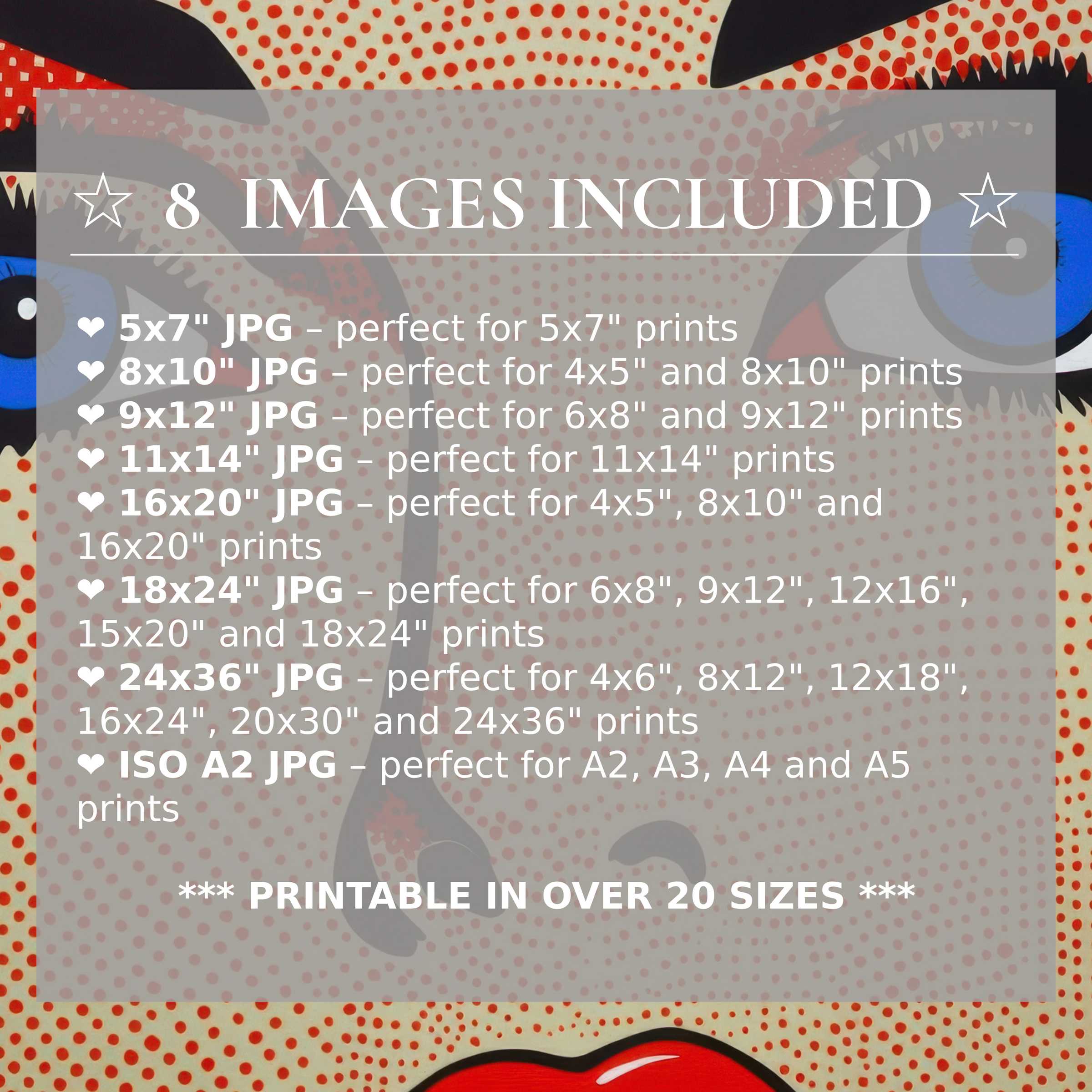 Radiant pop art digital print in bold reds and blues, enhanced with 8 high-quality sizes for effortless modern interior elegance