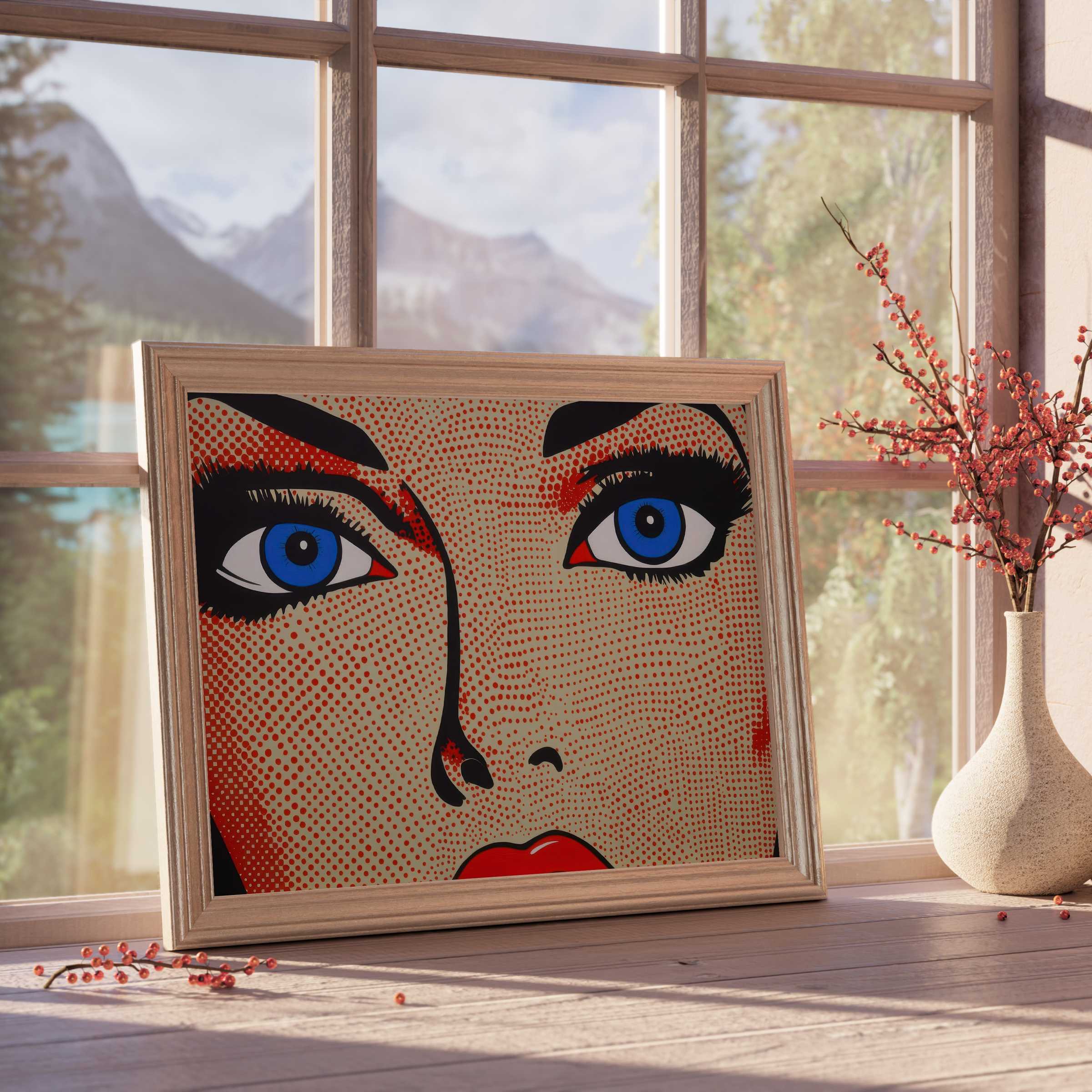 Vibrant pop art downloadable art featuring striking blue eyes and red lips, perfect for elevating curated, design-forward interiors