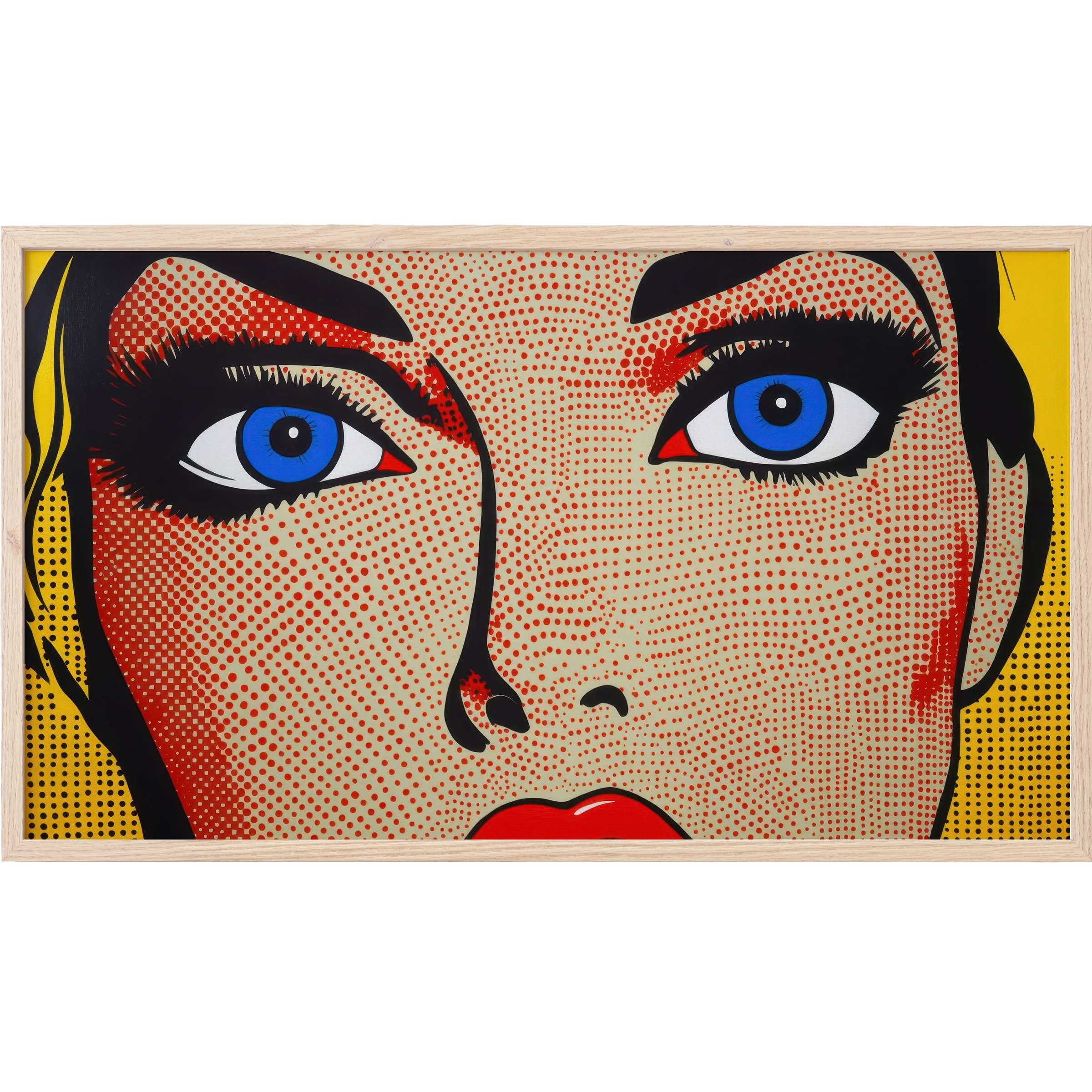 Bold blue eyes and red lips framed in vivid yellow and red dots define this striking pop art Frame TV Art