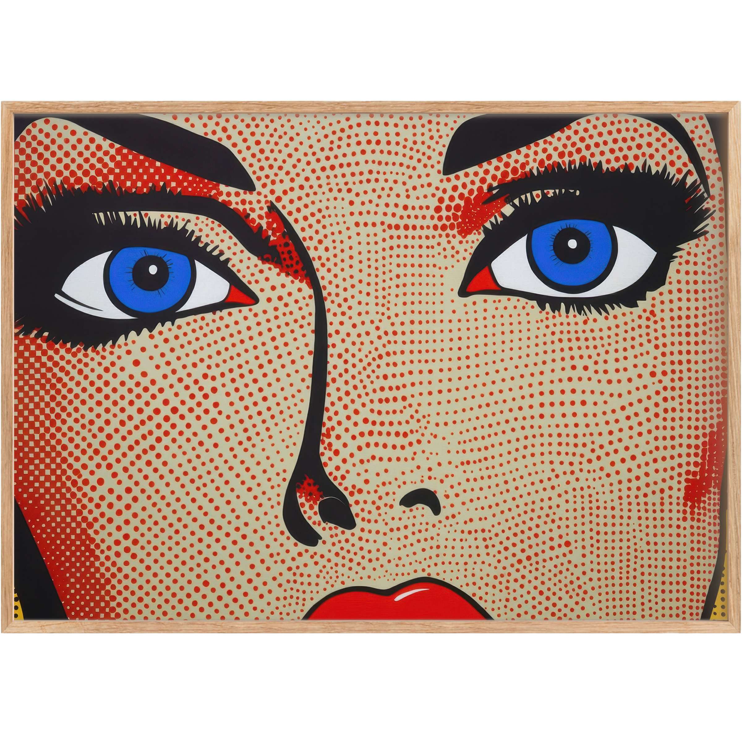 Striking pop art printable wall art with vivid blue eyes and bold red lips, radiating dynamic energy and contemporary flair