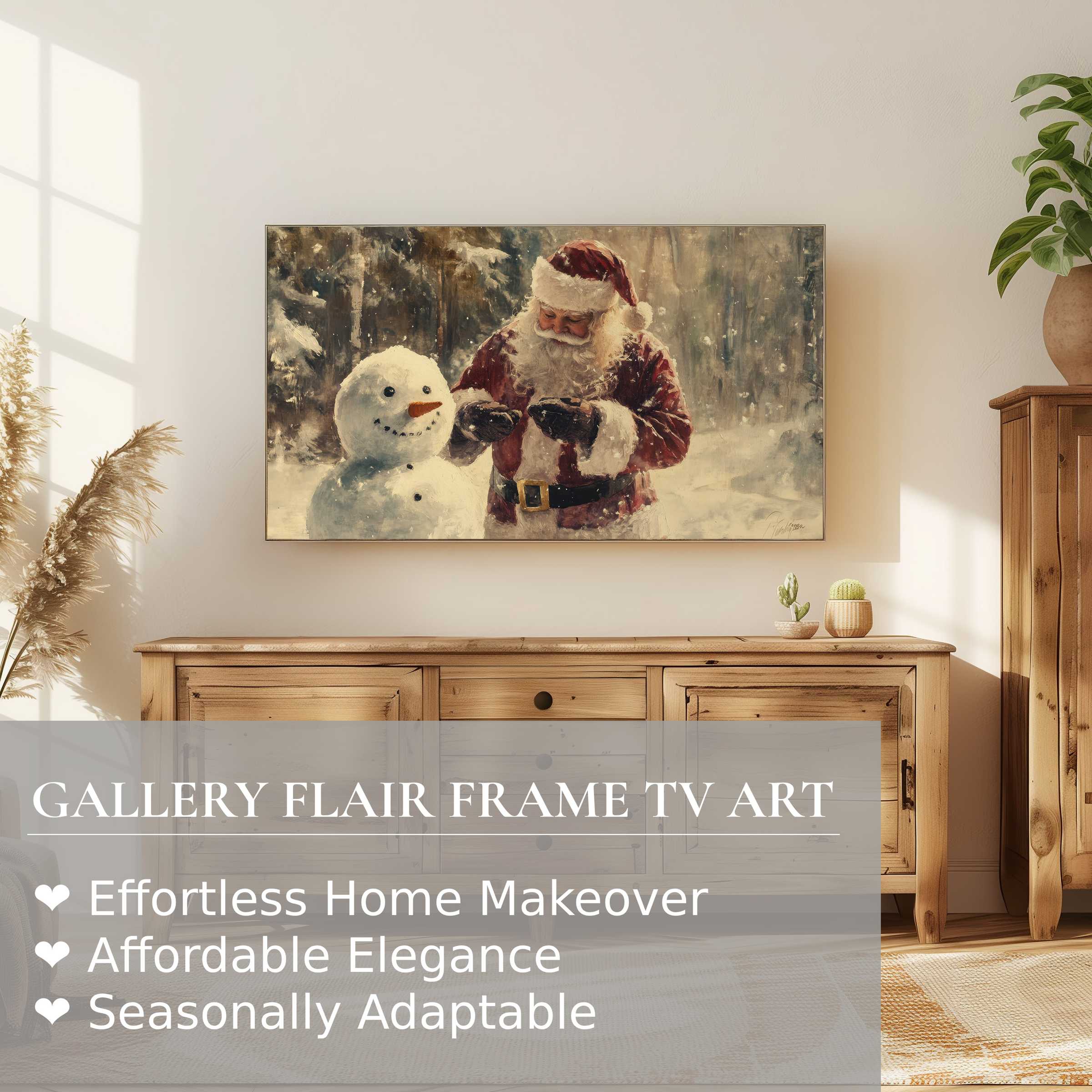 Samsung Frame TV displaying elegant Christmas digital artwork of Santa and snowman in a cozy, modern living room