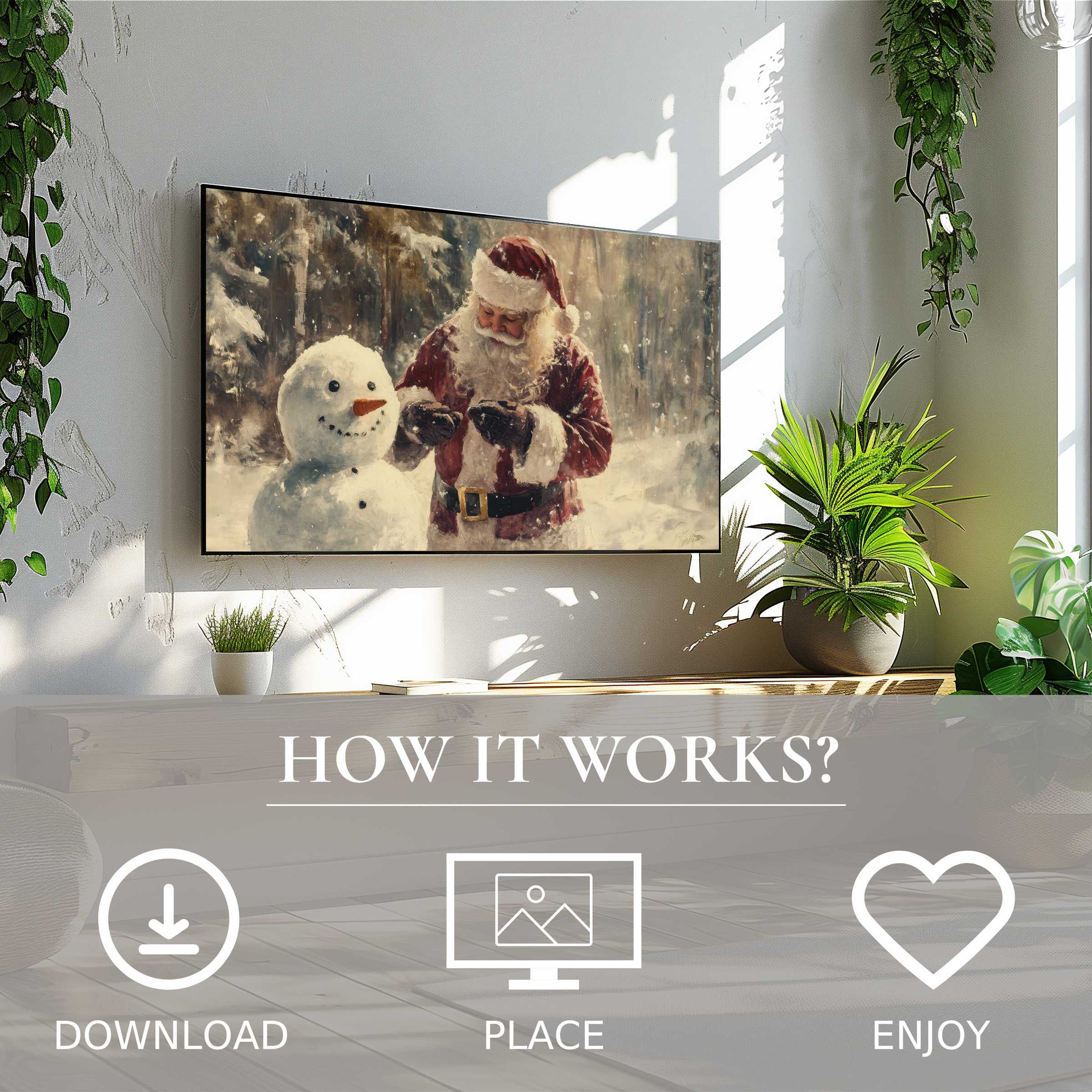 Cozy Christmas art for Samsung TV showing Santa and snowman in warm, soft winter tones; easy digital download, elevates any living space