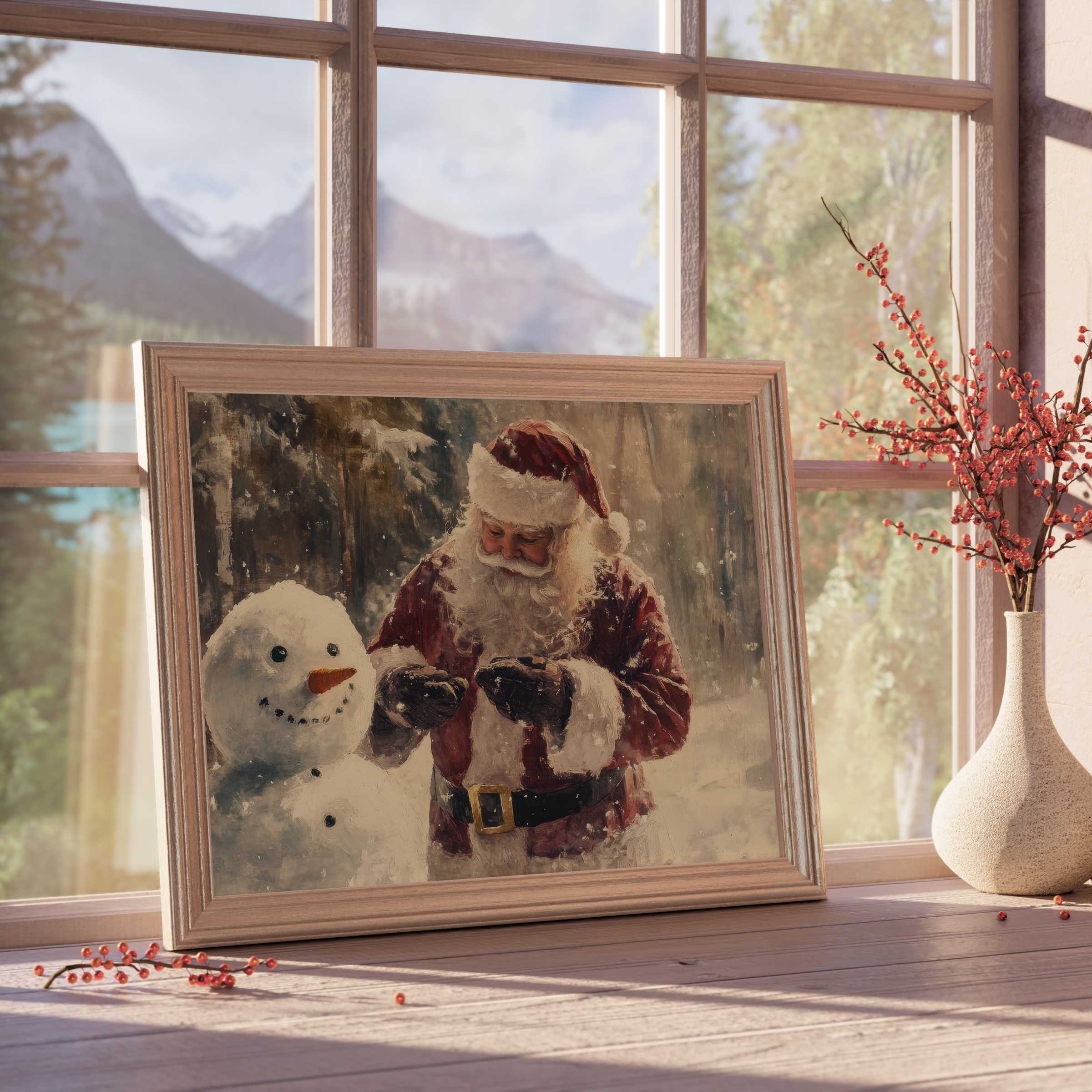 Christmas downloadable art featuring a serene Santa and snowman scene, evoking warm, tranquil holiday elegance for curated interiors