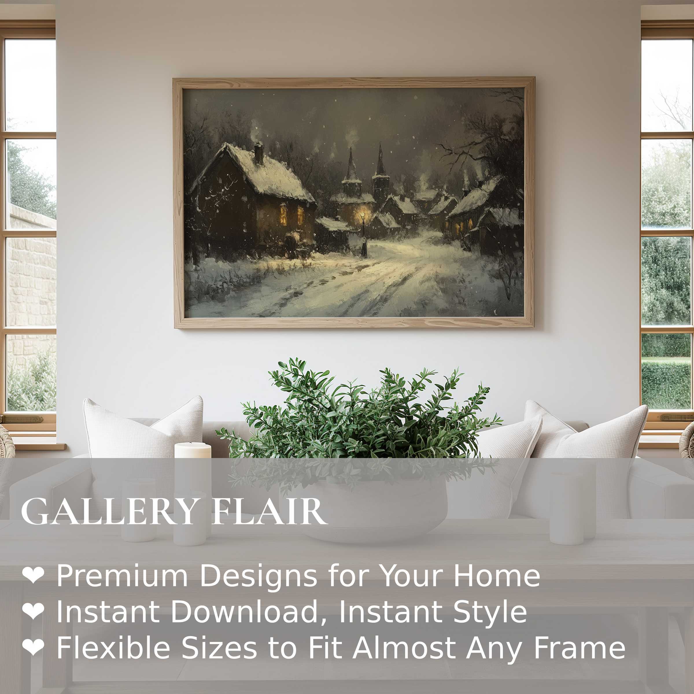 Winter wall art print capturing a serene snowy village at dusk, with warm lights adding a calming, rustic charm to a modern Scandinavian interior