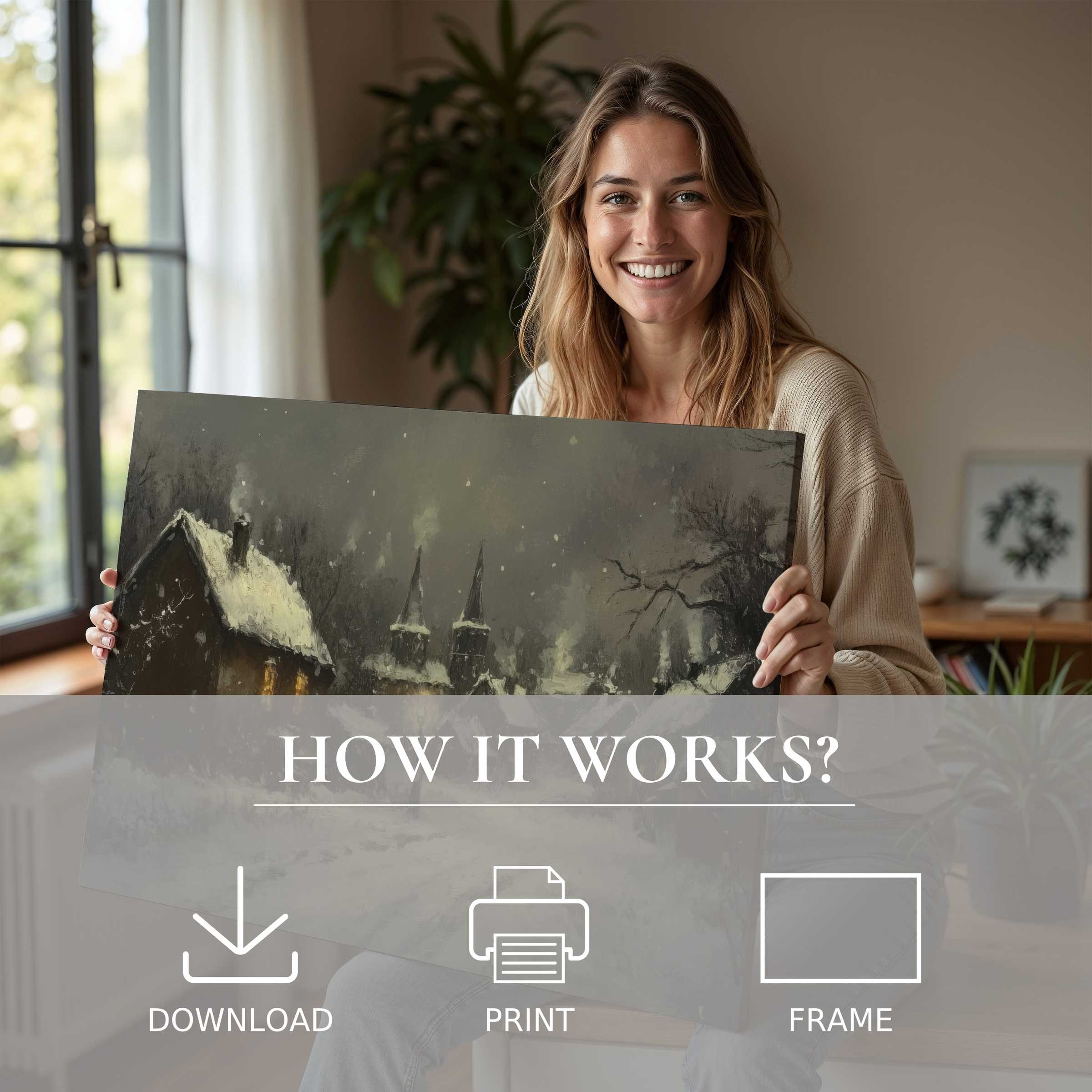 Smiling woman in a chic living space reveals a winter digital art print, inviting warmth and timeless joy into stylish home decor
