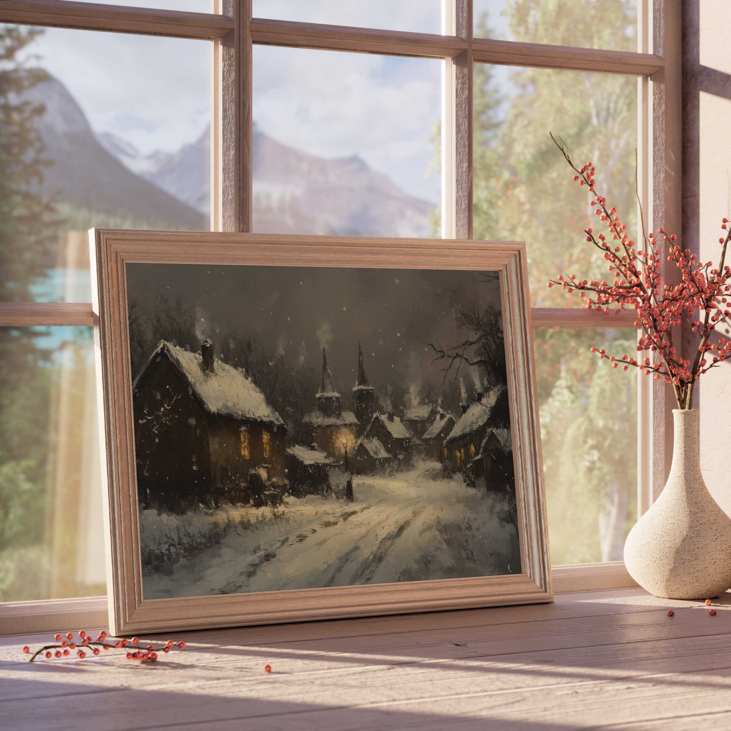 Winter downloadable art capturing a serene snow-covered village illuminated by warm lights, perfect for refined, tranquil interiors