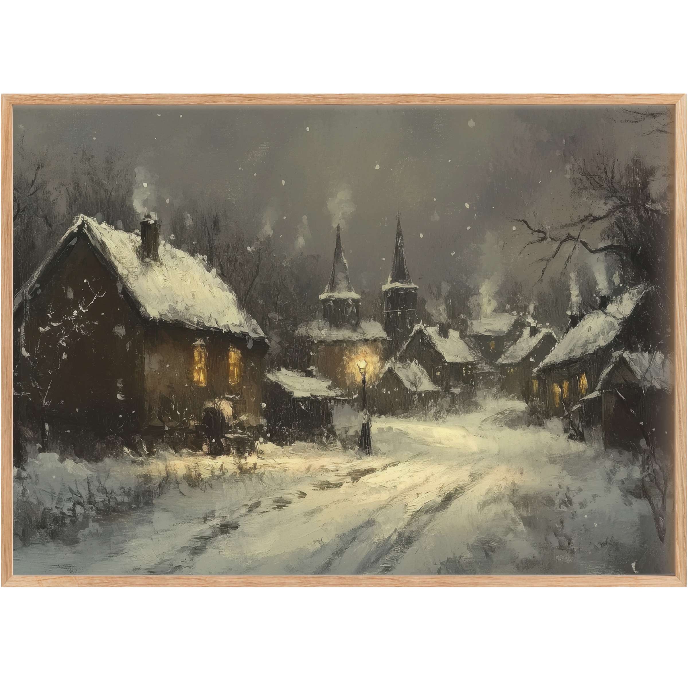 Winter printable wall art capturing a serene, snow-kissed village aglow with warm amber light, evoking cozy tranquility and timeless elegance
