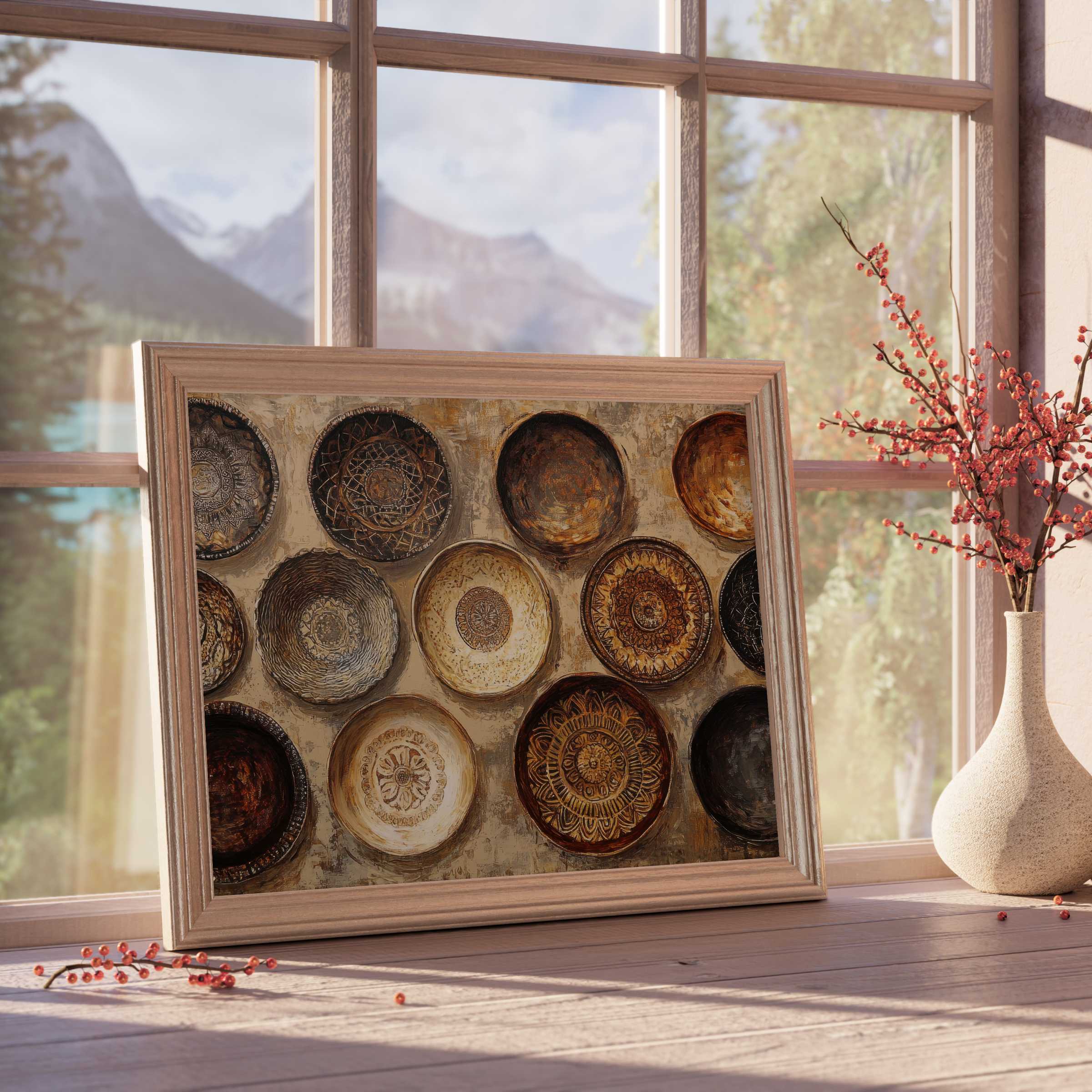 Boho downloadable art featuring warm earth-toned mandalas, enriching tranquil, curated interiors with timeless rustic elegance