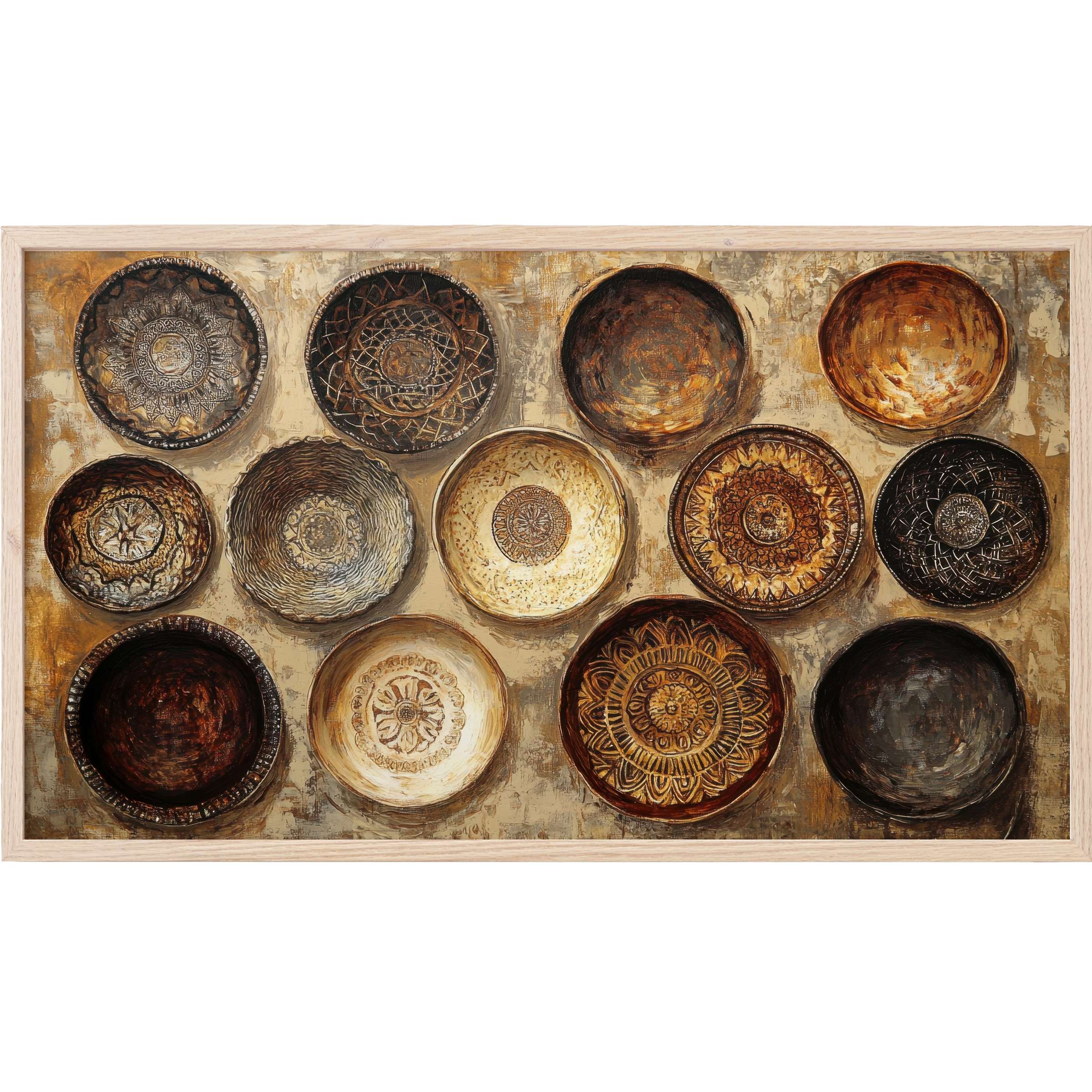 Boho Frame TV Art featuring textured, earthy-toned ceramic bowls with intricate patterns in warm brown and beige hues