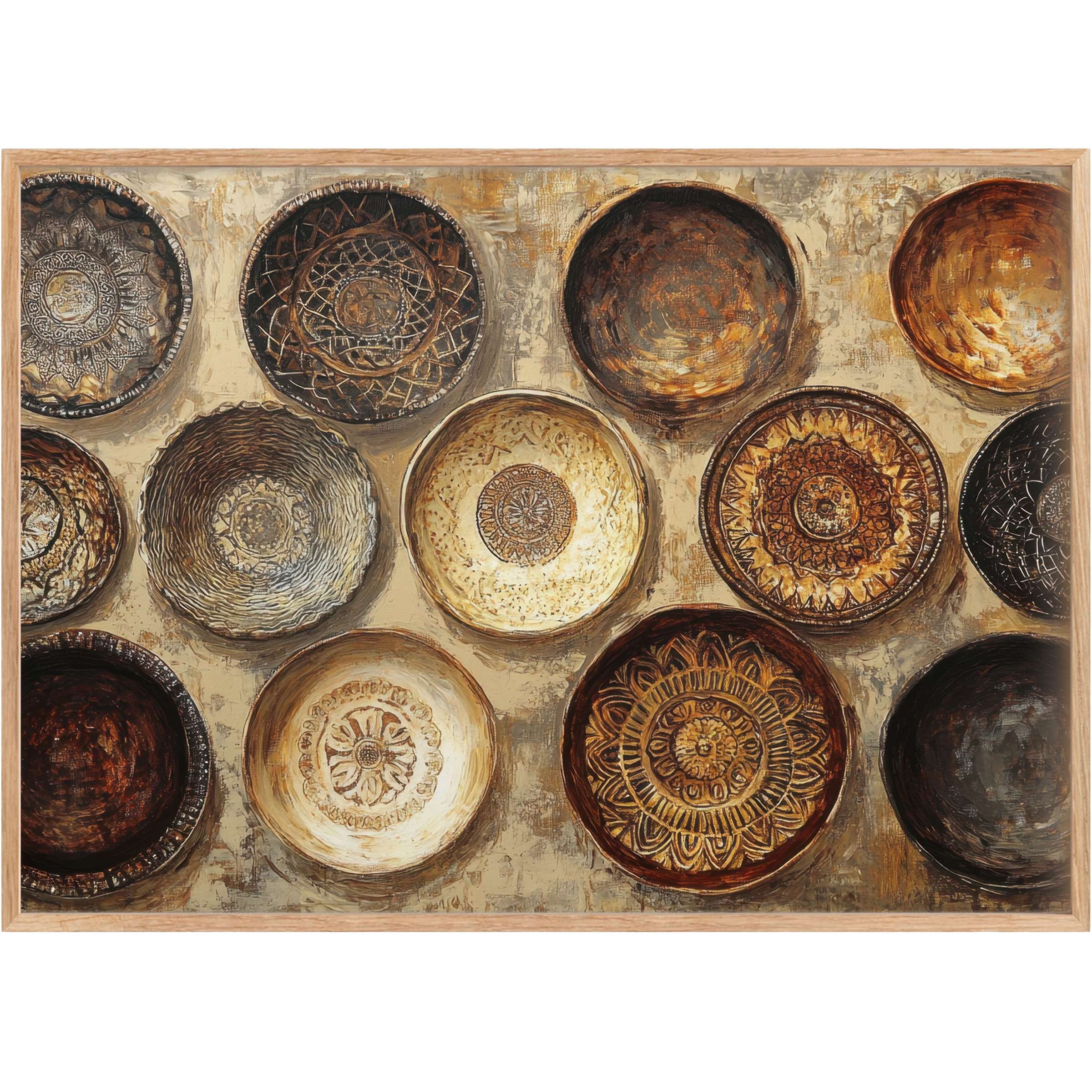 Earthy, warm-toned boho printable wall art featuring textured mandalas in rich browns and golds, evoking serene elegance