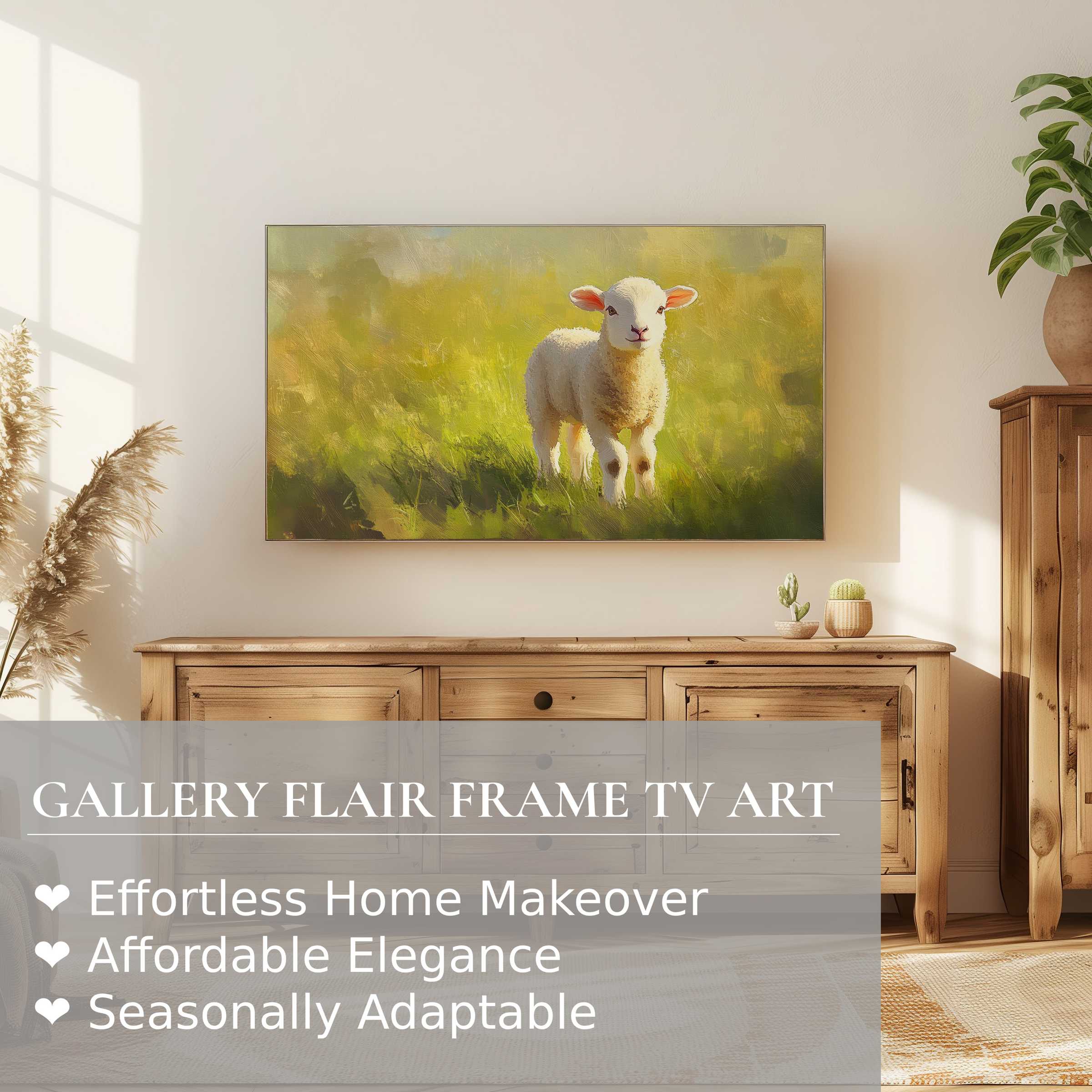 Samsung Frame TV displaying soft-focus easter digital artwork of a lamb in sunlit pastoral setting