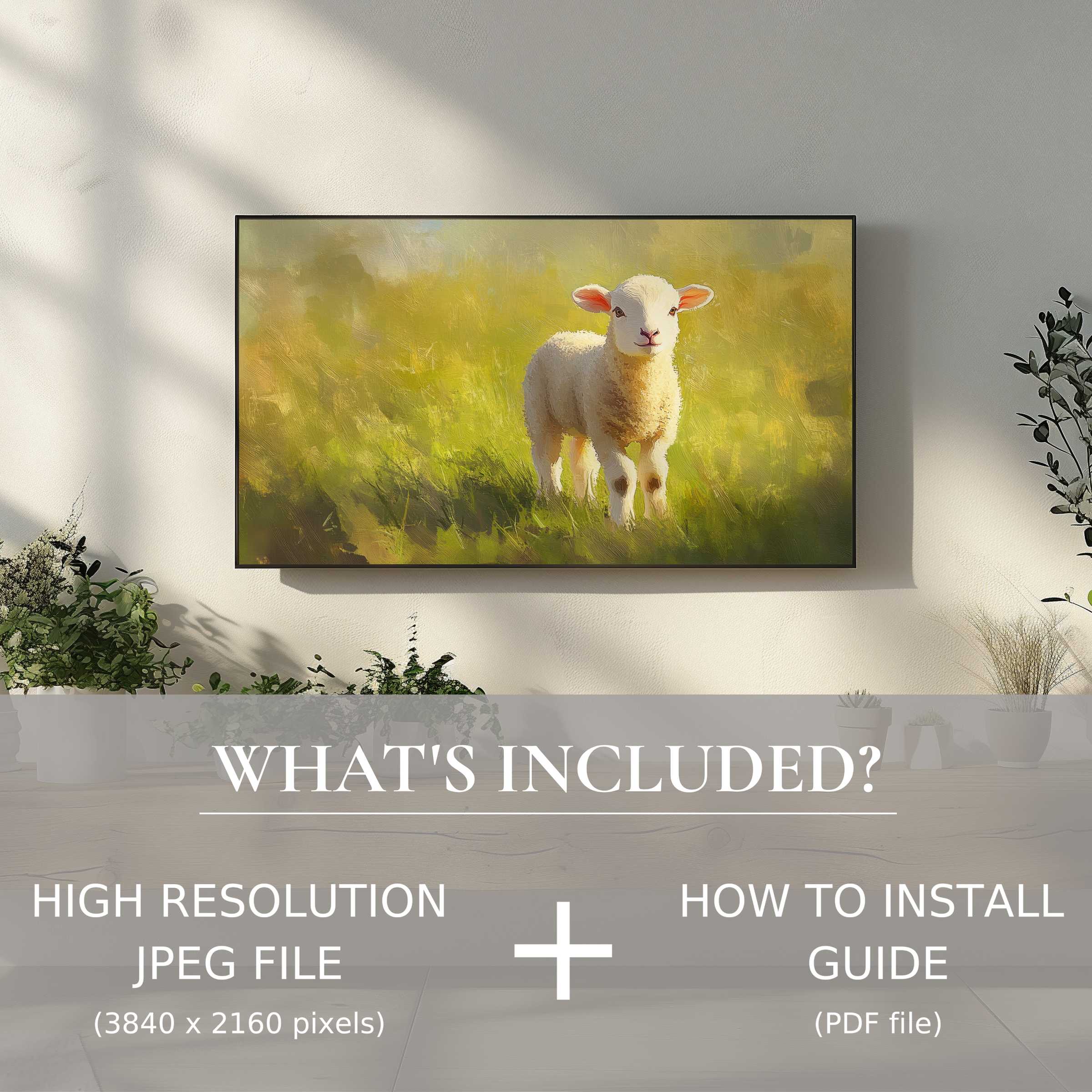 Elegant living space showcasing an easter digital TV art download of a lamb, easy to use and enriches decor