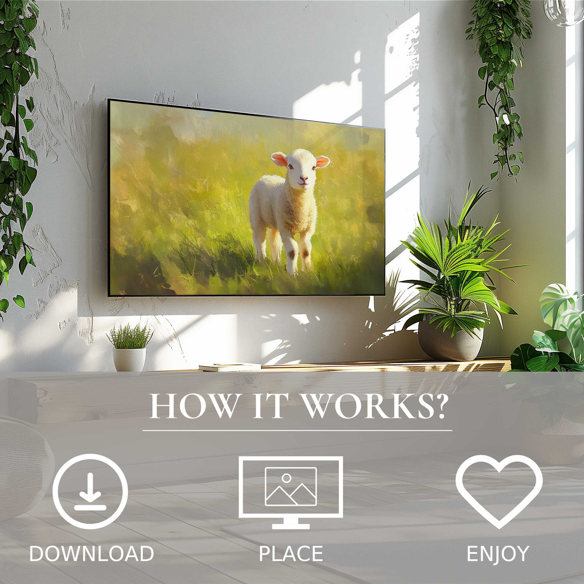Easter art for Samsung TV with soft green and yellow hues, easy digital download enriches your modern living space