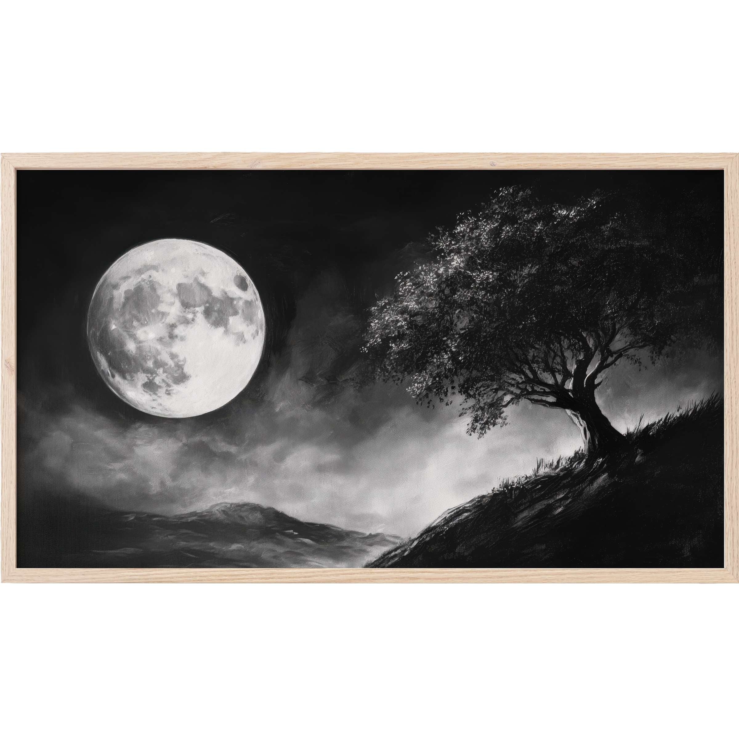 Elegant black and white Frame TV Art depicting a luminous full moon and a solitary tree on a hillside
