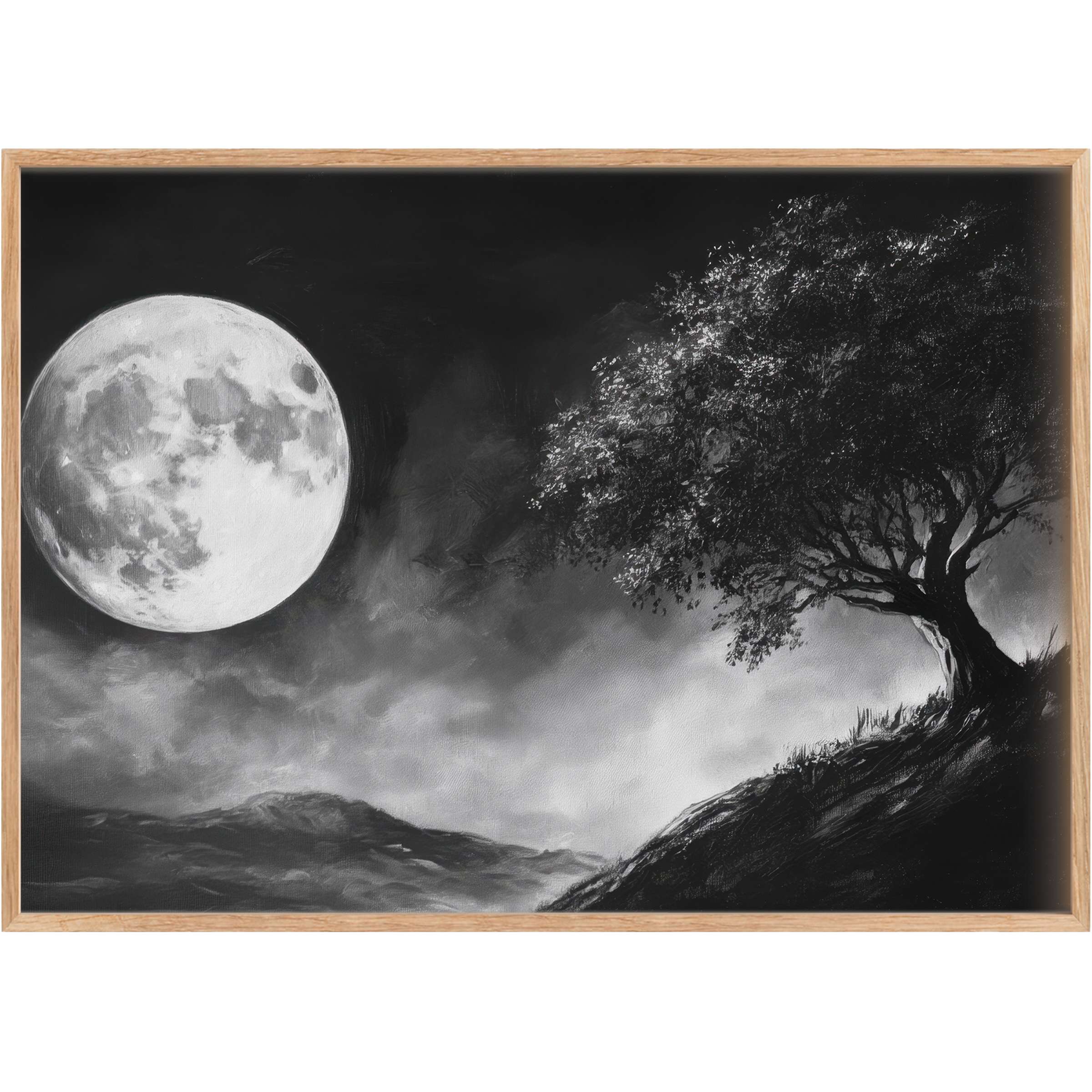 Black and white printable wall art capturing a luminous full moon over a windswept tree, evoking serene, contemplative nights
