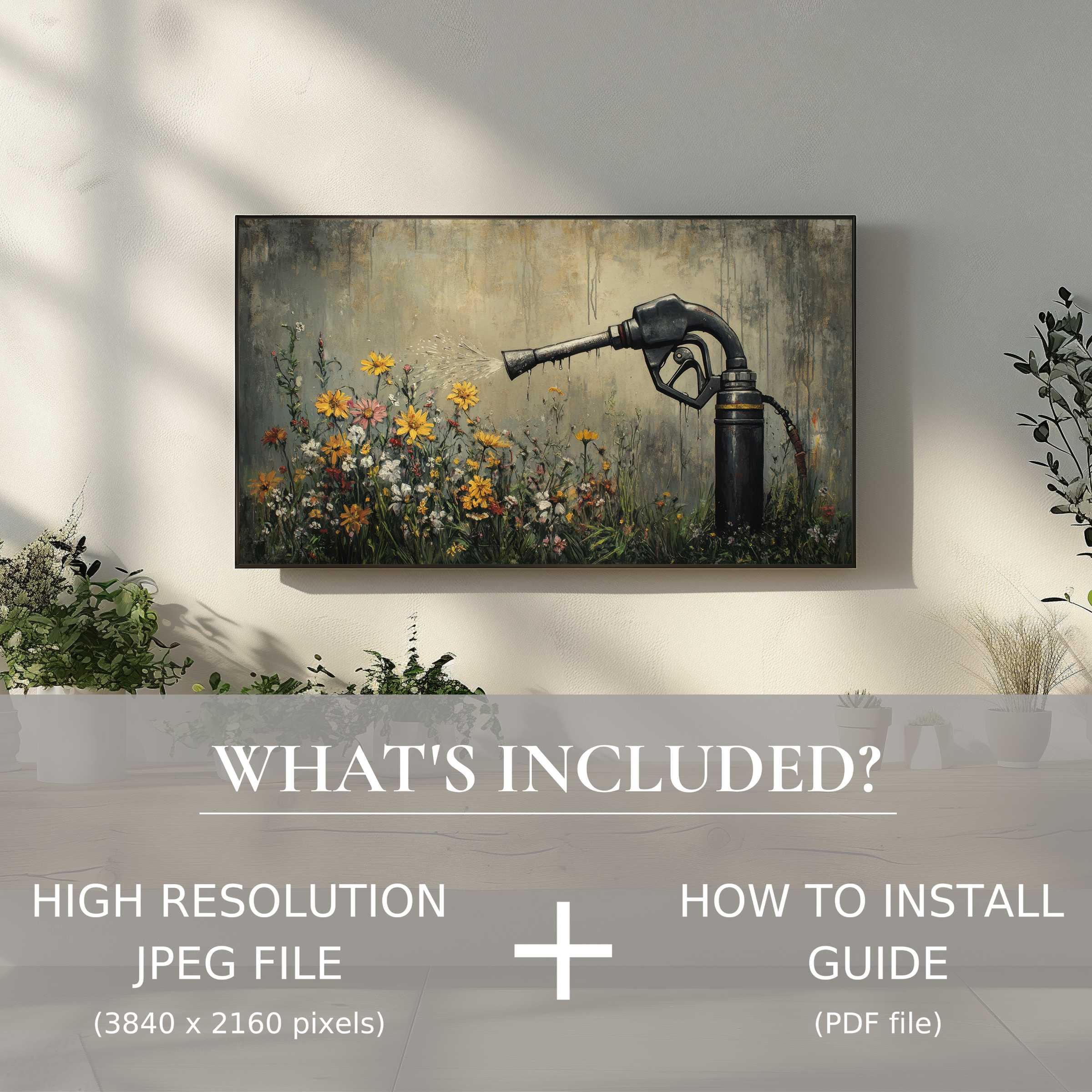 Elegant living room with street art digital TV art download; easy digital use enhances space with vibrant, modern flair