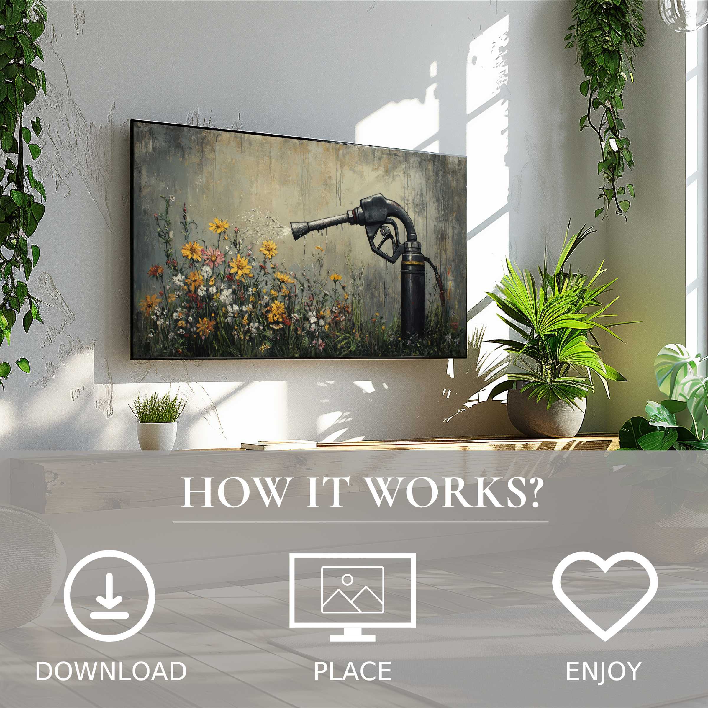 Stylish street art for Samsung TV shows a floral motif with muted tones, easy digital download enriches modern spaces