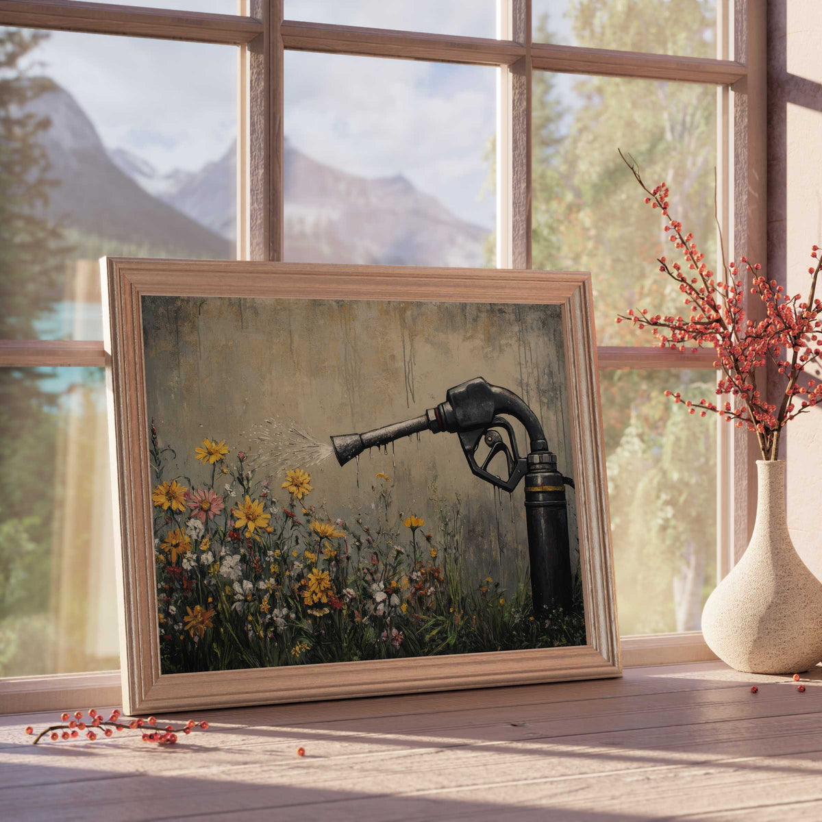 Street art downloadable art capturing vibrant blooms springing from a gas nozzle, infusing modern interiors with thoughtful edge and tranquil charm