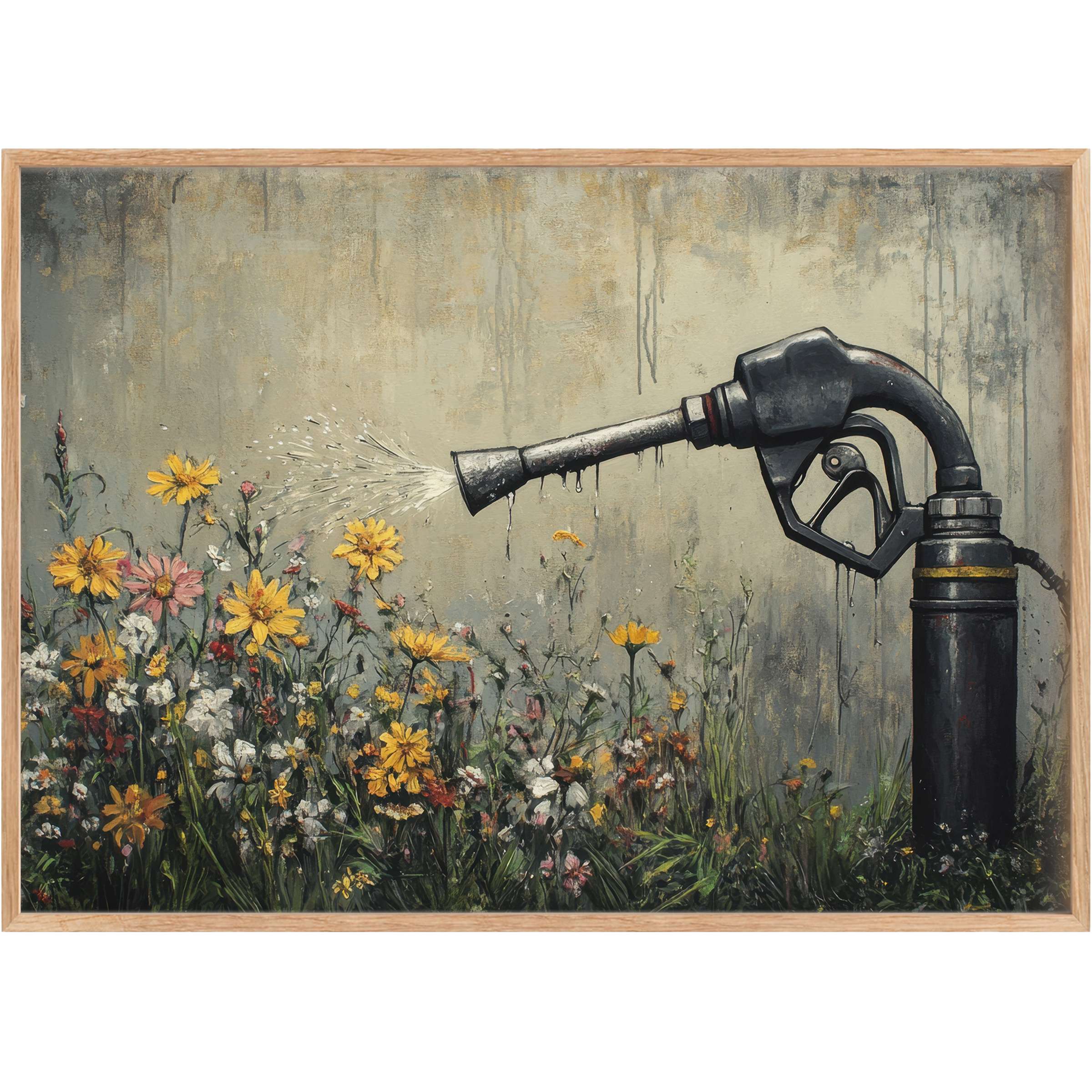 Bold street art printable wall art blending industrial black fuel nozzle with vibrant wildflowers, evoking renewal in muted tones