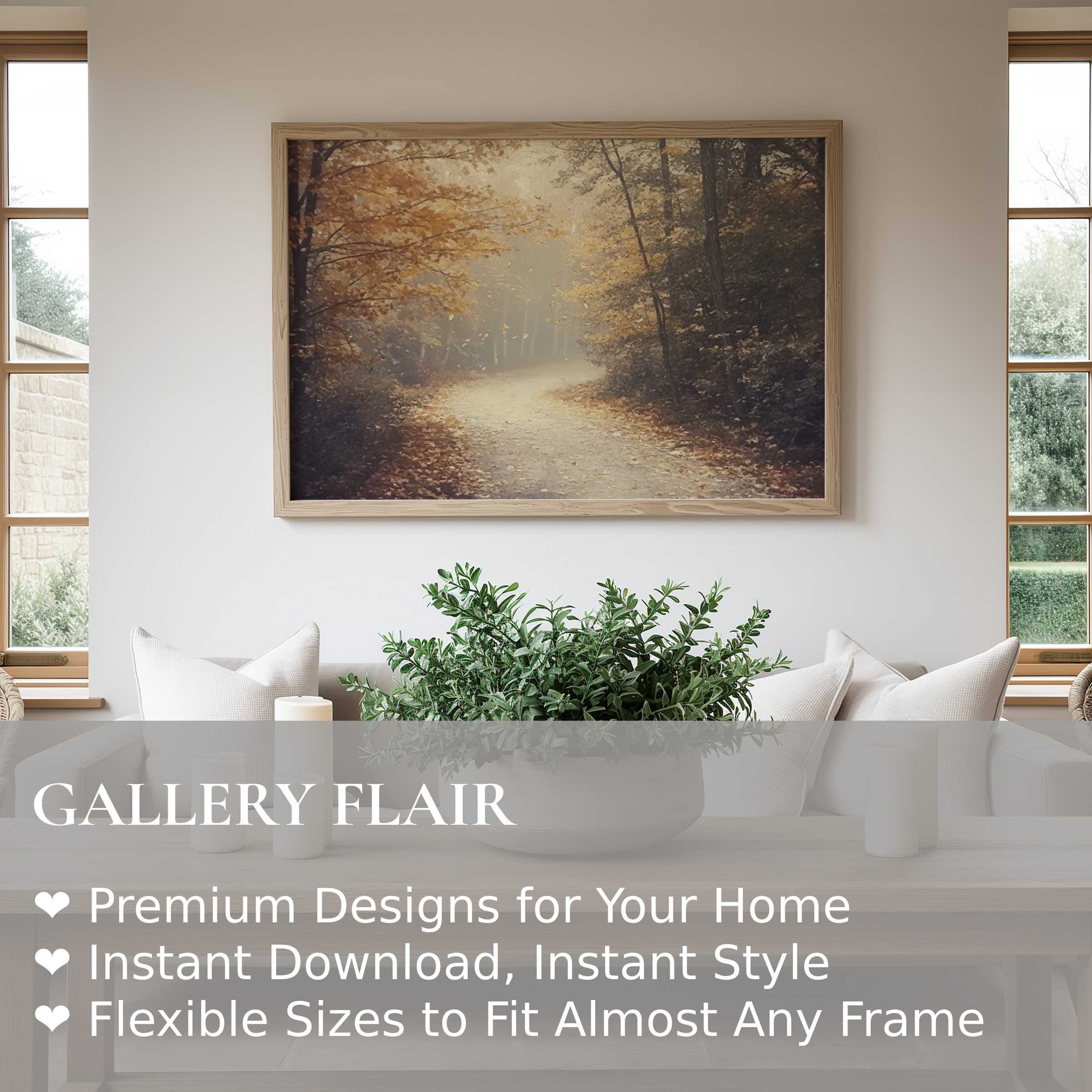 Fall wall art print featuring a serene forest path in warm amber tones, enhancing modern minimalist interiors with calming, nature-inspired elegance