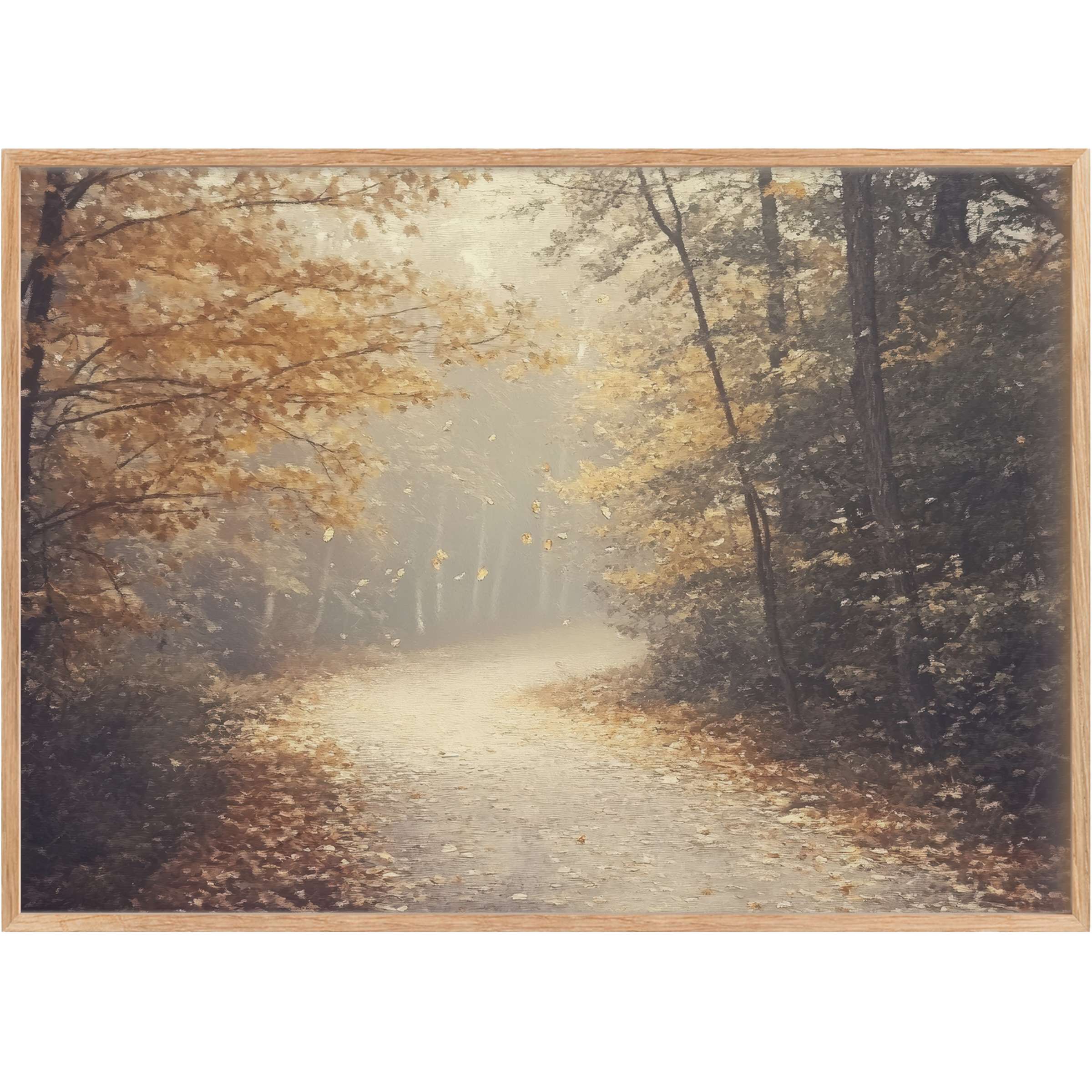 Serene fall printable wall art capturing a misty woodland path with warm amber and muted gray tones, evoking calm and introspection