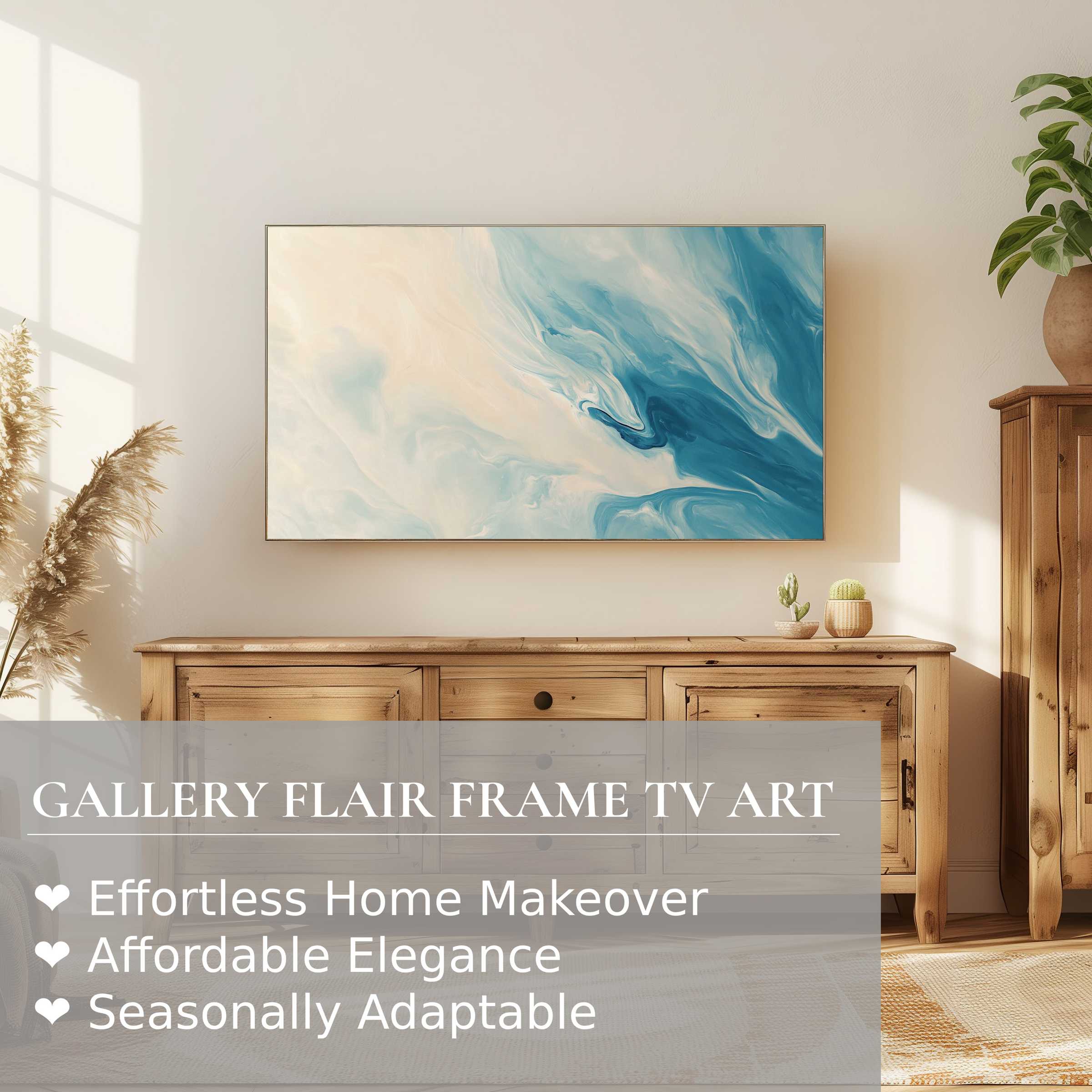 Samsung Frame TV with elegant abstract digital artwork in soft blue and beige hues enhancing modern natural decor