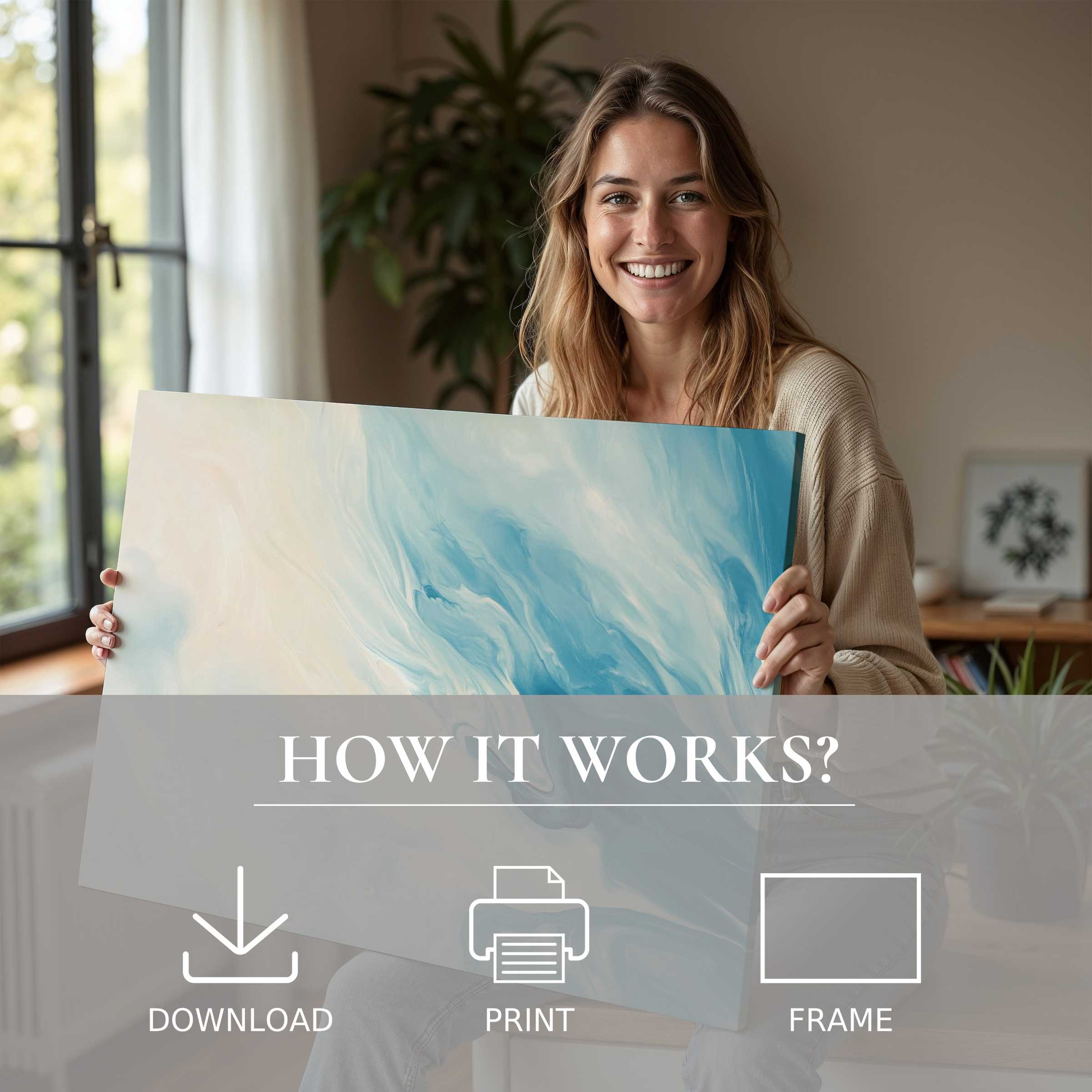 Radiant moment of connection and joy with an abstract digital art print in a serene, stylish home setting