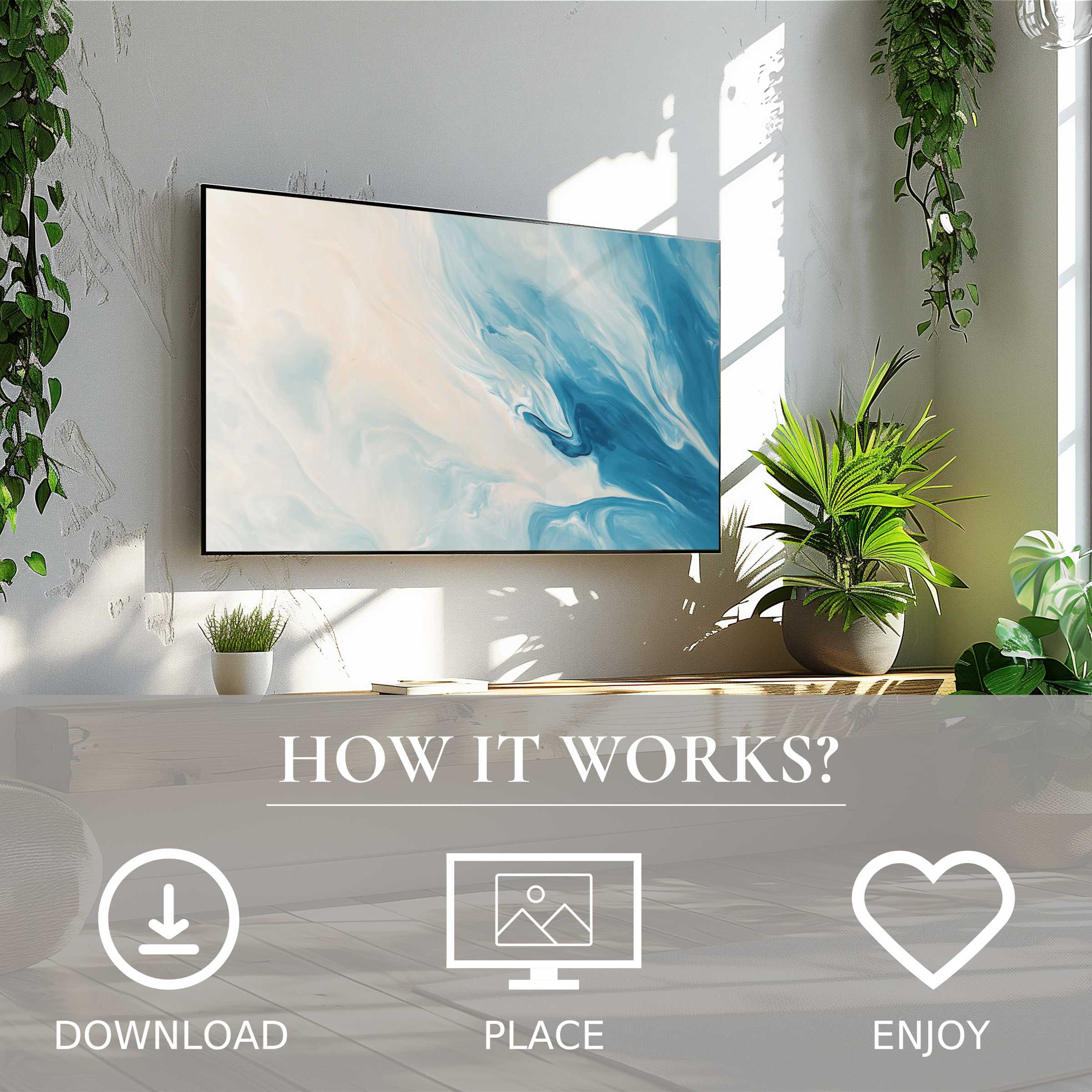 Abstract art for Samsung TV in a bright room with easy digital download; soft blue and beige color flow enriches decor