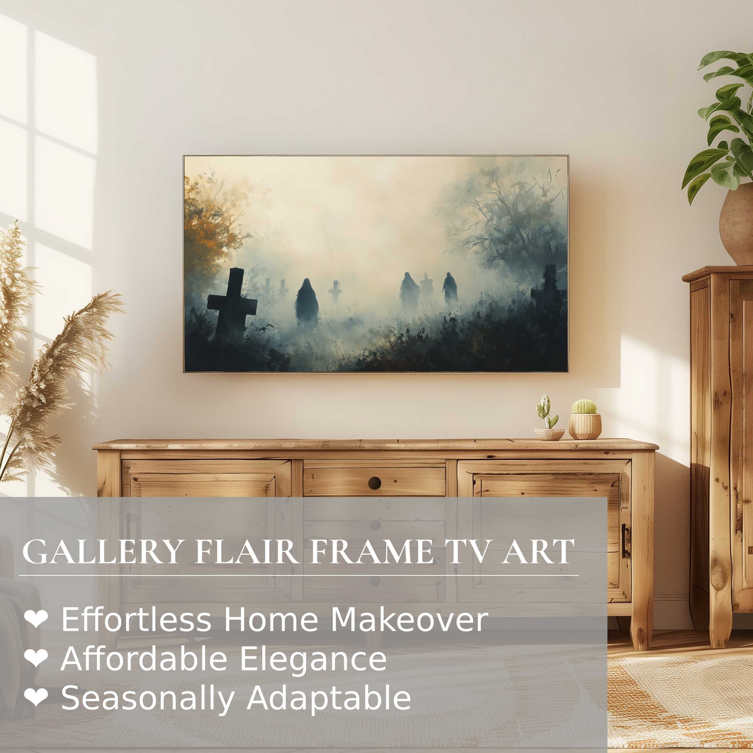 Samsung Frame TV displays eerie, misty halloween digital artwork in a refined, modern living space with warm wood accents