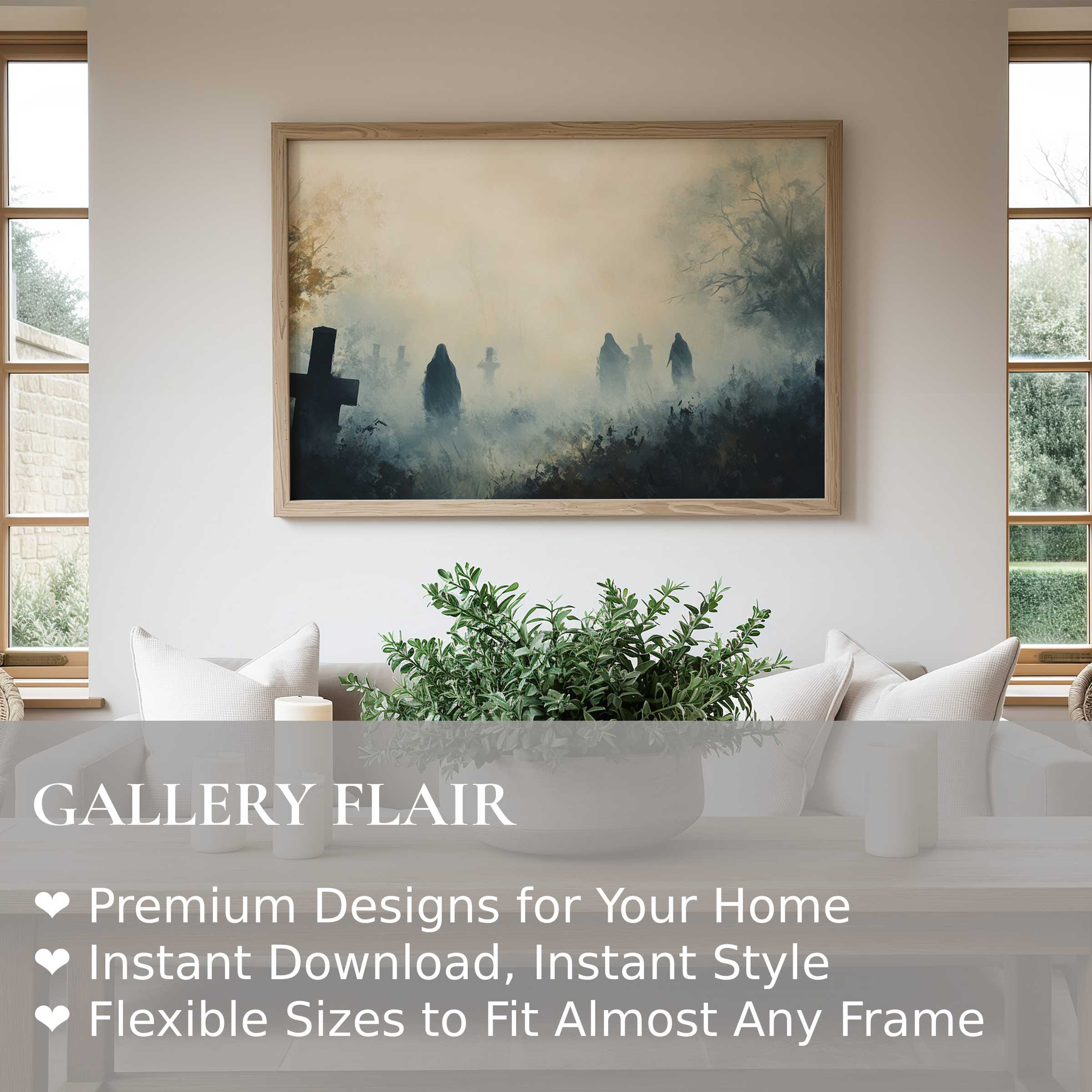 Hauntingly atmospheric halloween wall art print with moody graveyard silhouettes, adding bold drama to modern minimalist interiors