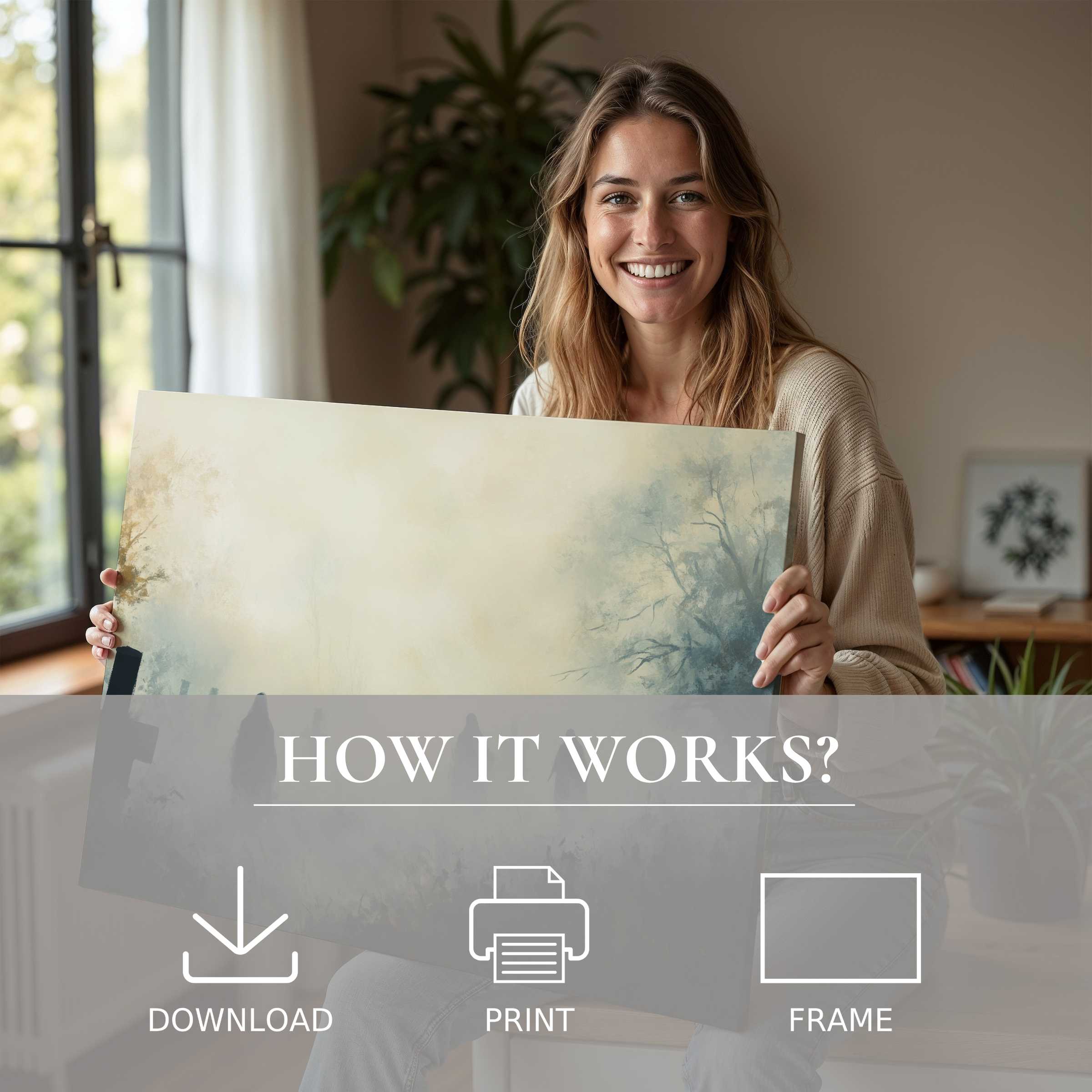 Woman in a modern home radiates joy, embracing the serene charm of a Halloween digital art print for elegant living