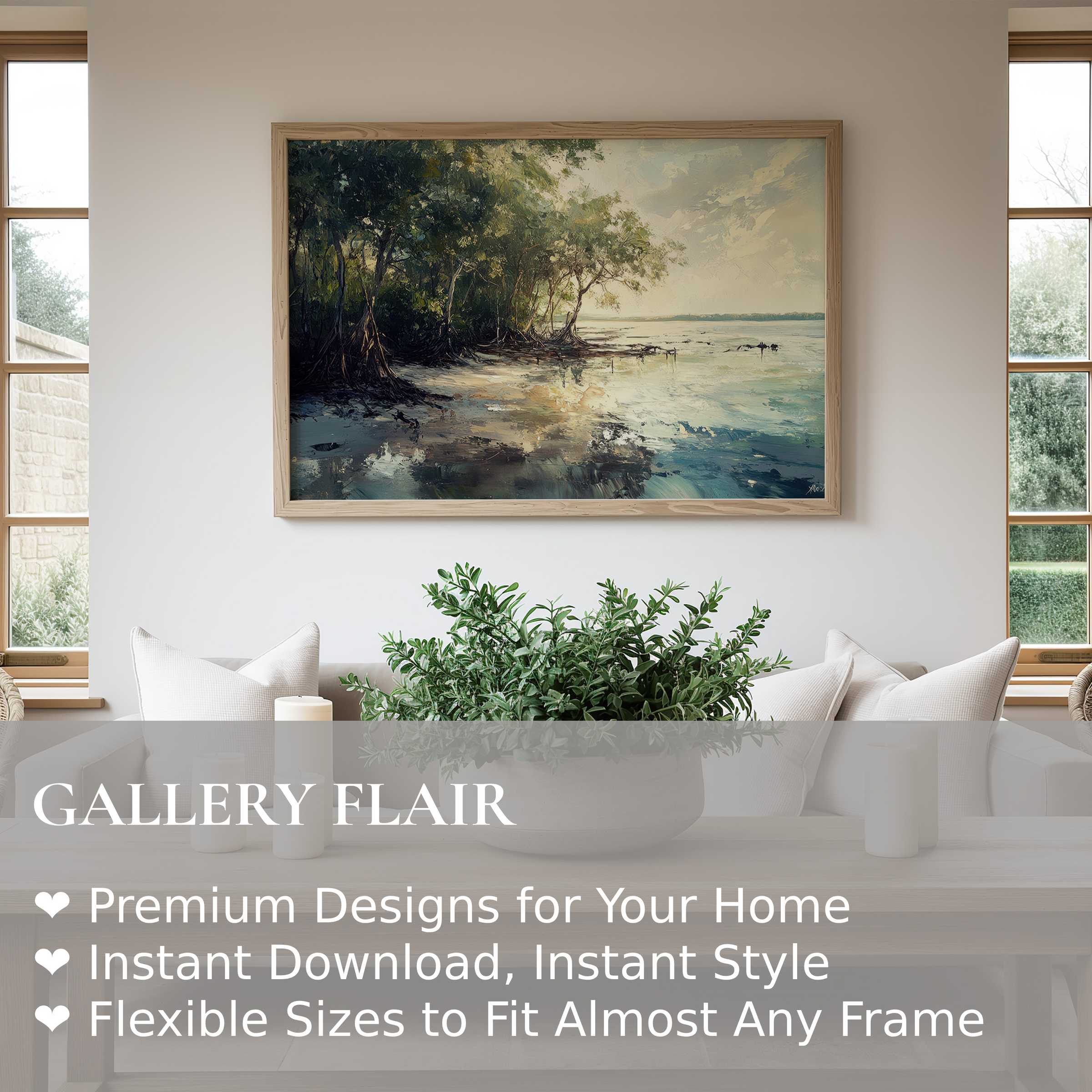 Serene beach wall art print capturing a radiant coastal scene with soft light and lush greenery, enhancing a modern minimalist living room