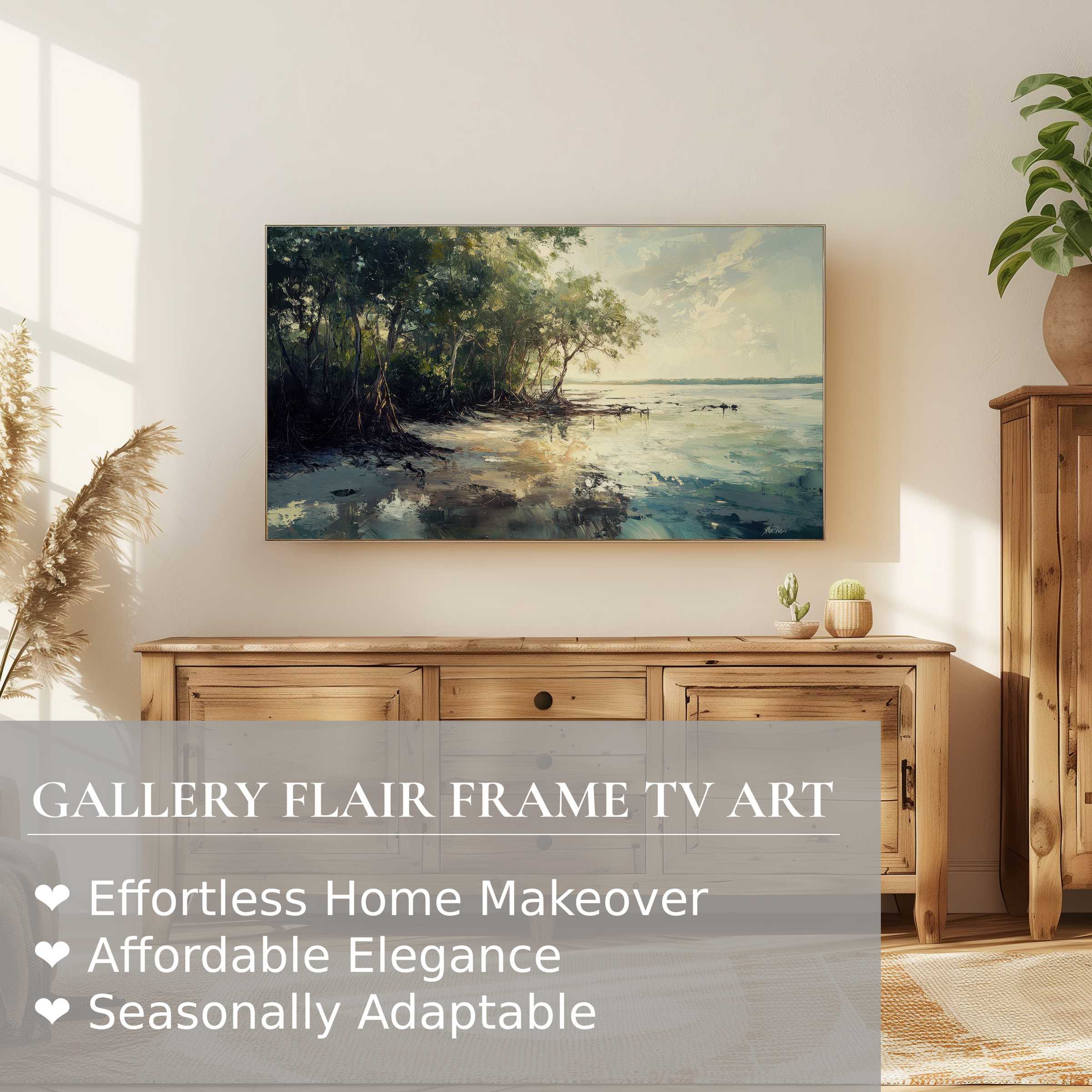 Samsung Frame TV displays serene beach digital artwork, blending natural light with refined, modern wood decor