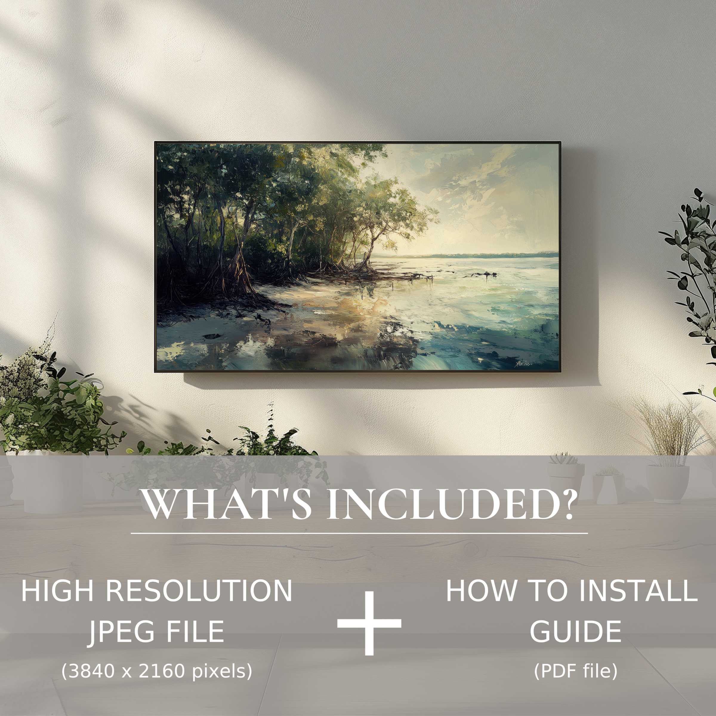 Elegant beach digital TV art download with easy use, enhancing your modern living space with serene coastal charm