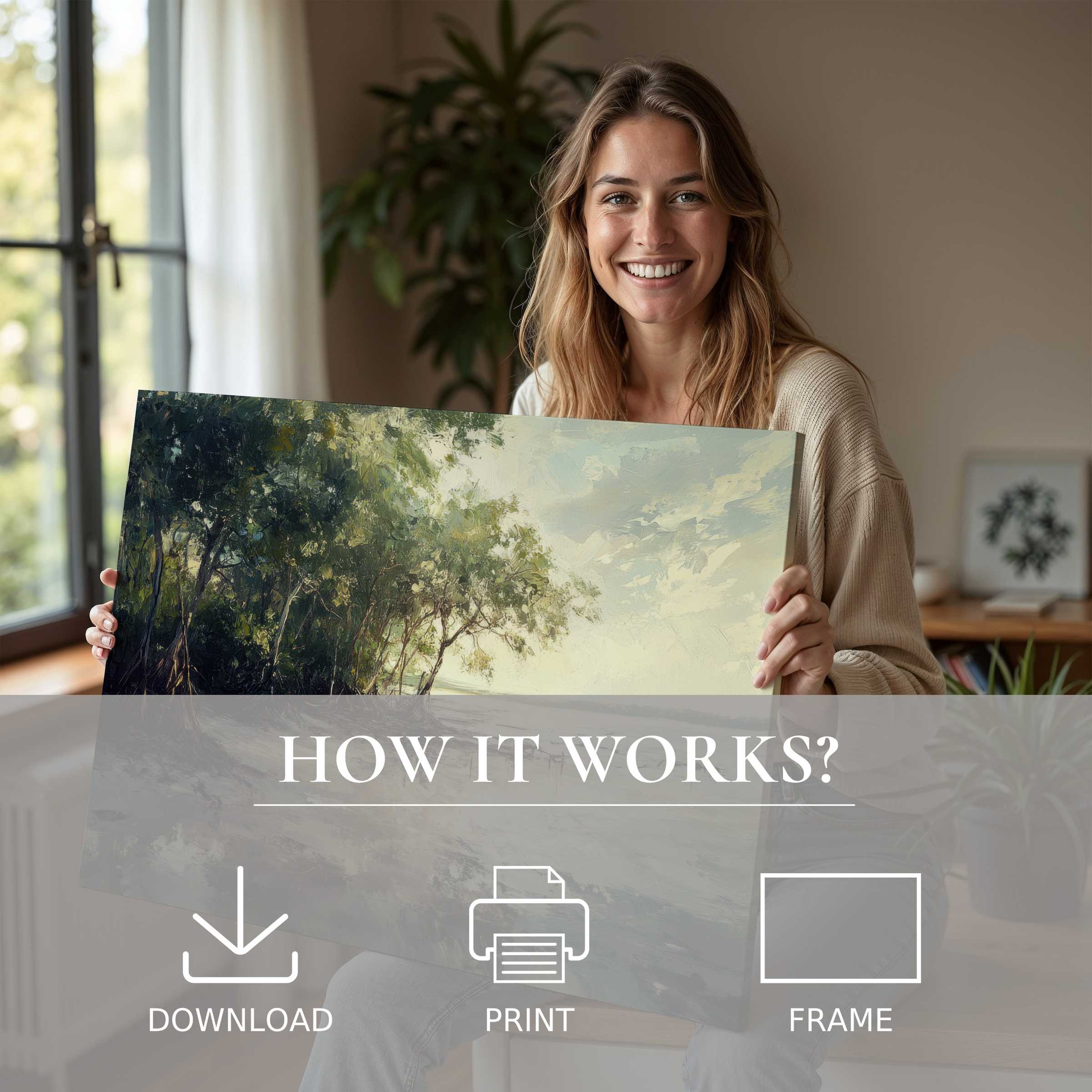 Elegant beach digital art print bringing serene nature tones into a modern home, inspiring joy and effortless style