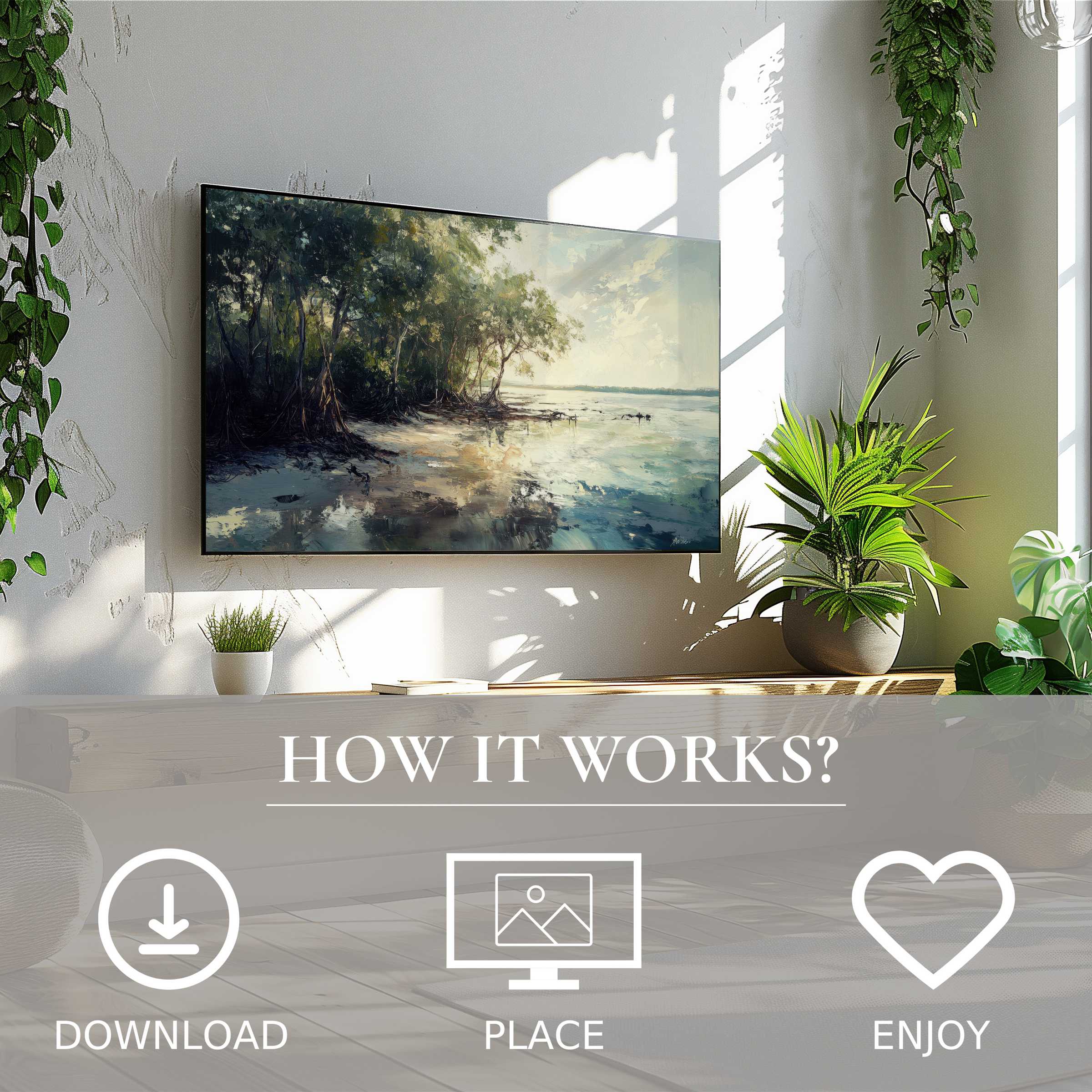 Modern living room with beach art for Samsung TV; serene coastal tones enhance space via easy digital download
