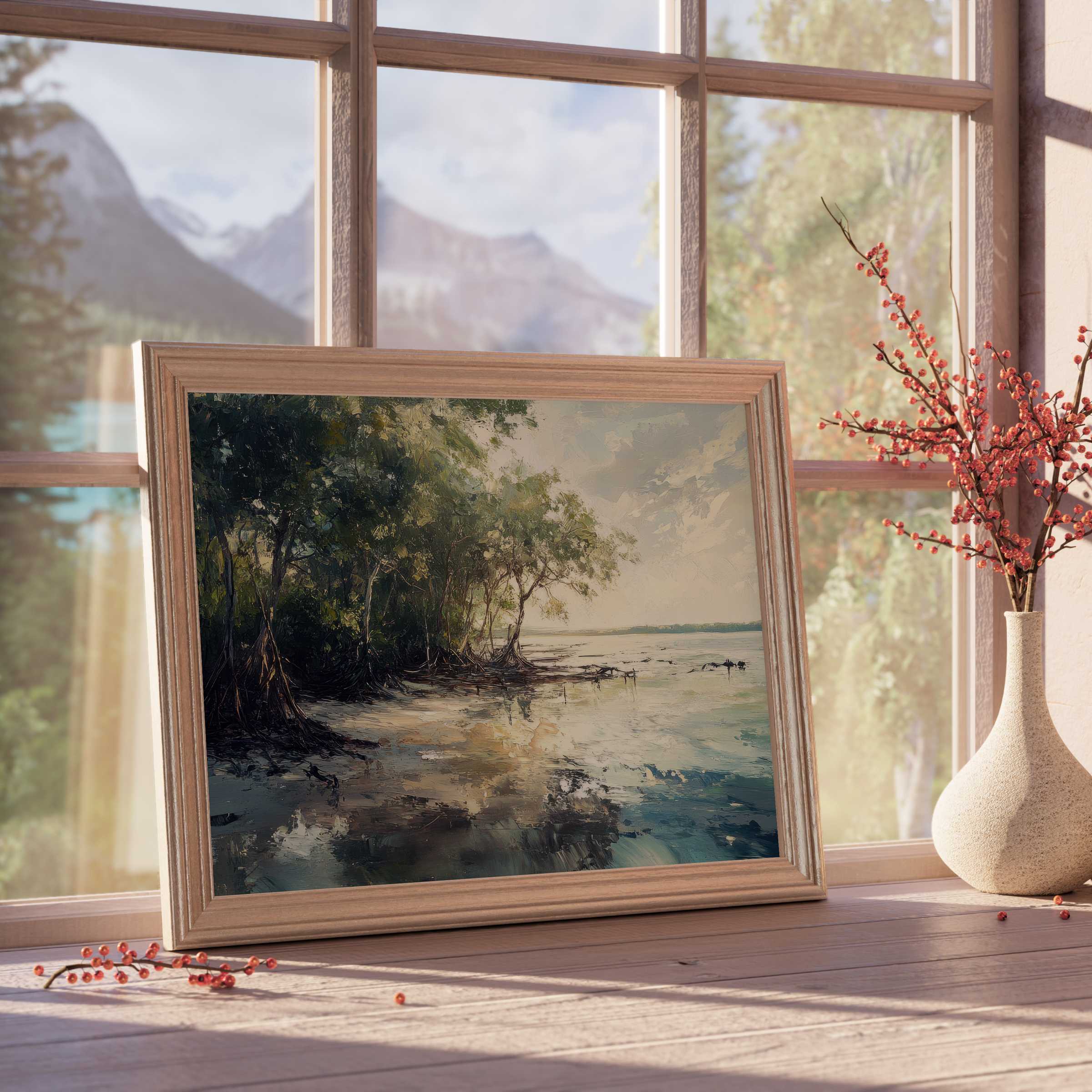 Serene beach downloadable art capturing tranquil mangrove shores, perfect for elevating curated, nature-inspired interiors with timeless elegance