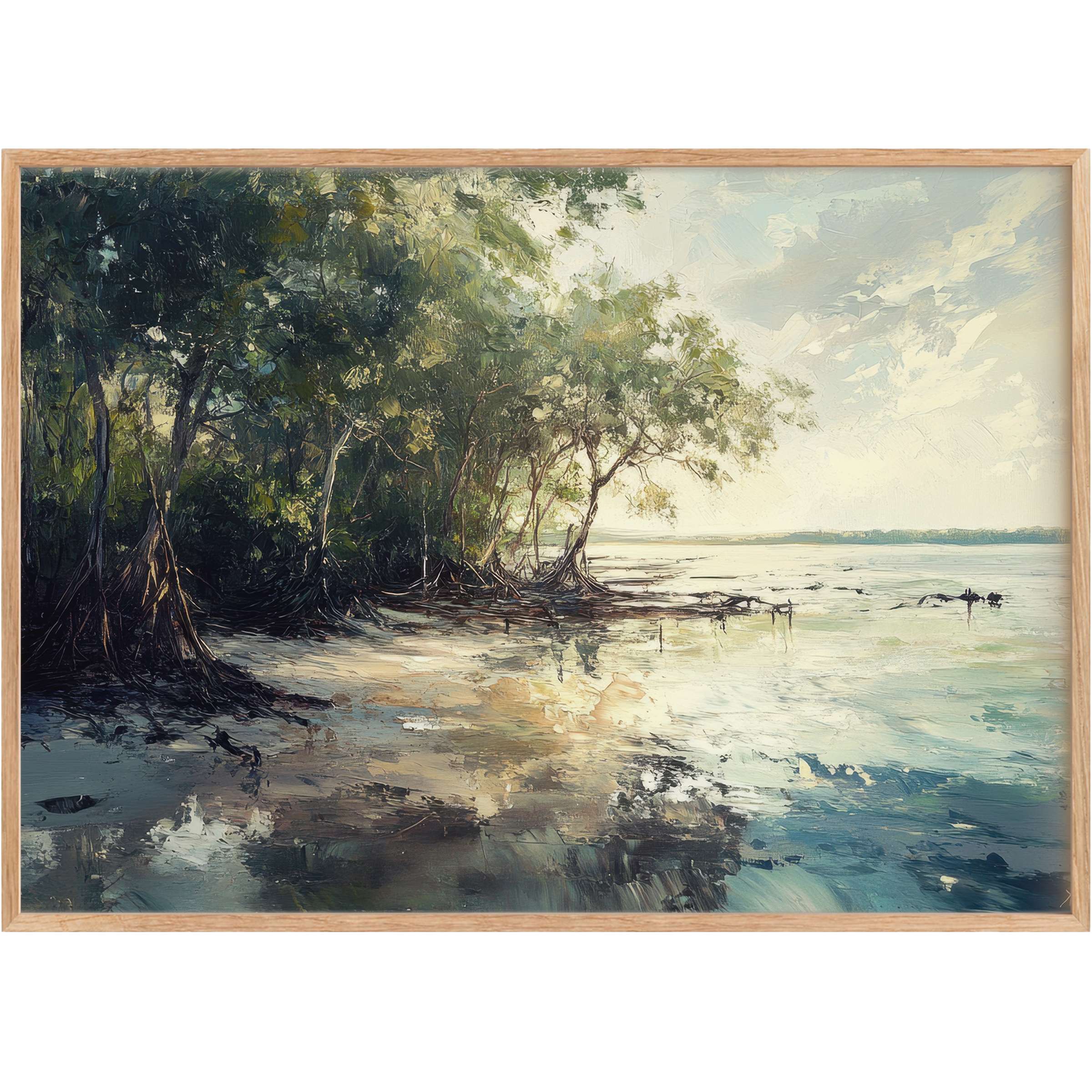 Serene beach printable wall art capturing lush mangroves and soft sunlight in deep greens and tranquil blues, inviting peaceful coastal elegance