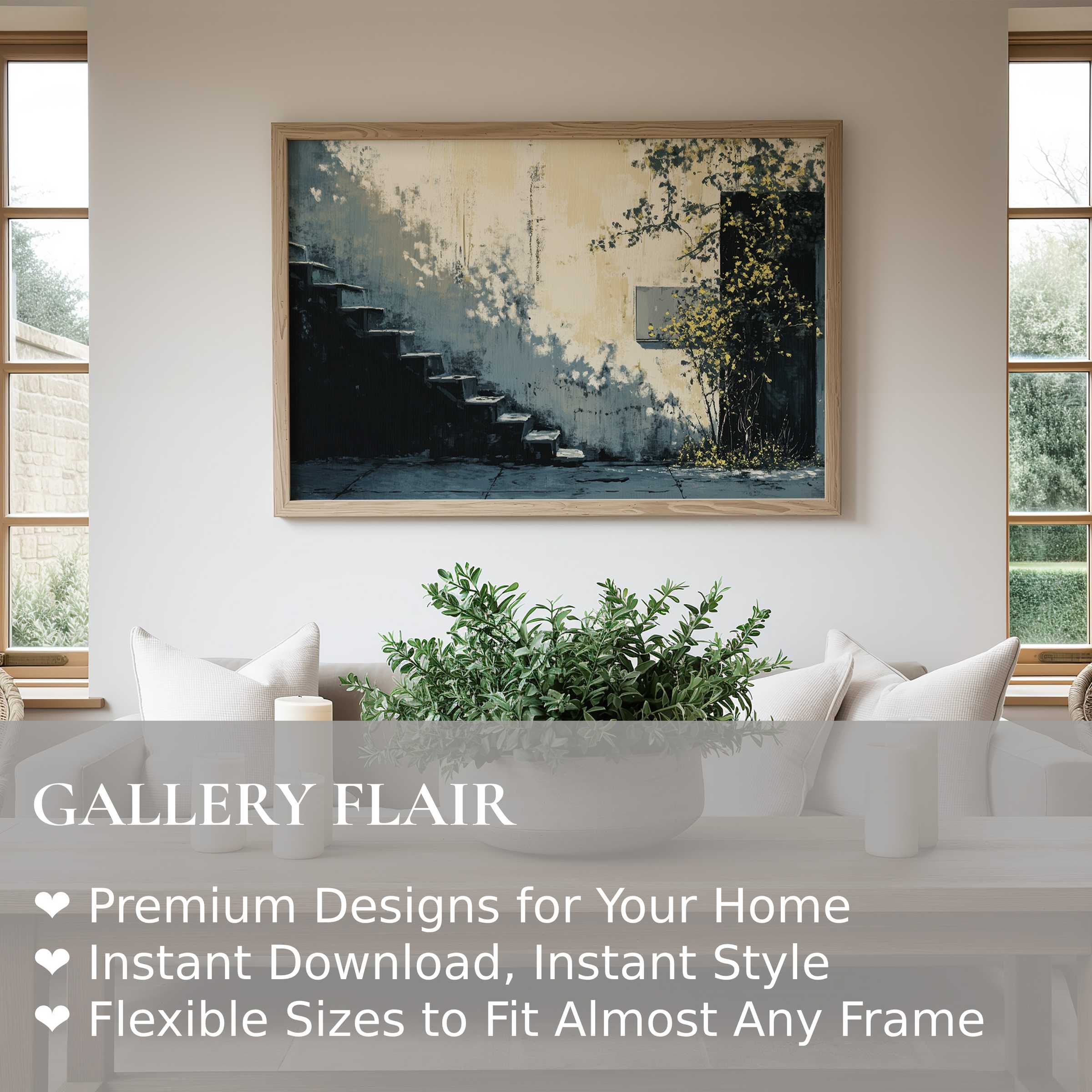 Urban art wall art print capturing a moody stairway scene with deep shadows and delicate foliage, enriching minimalist living spaces