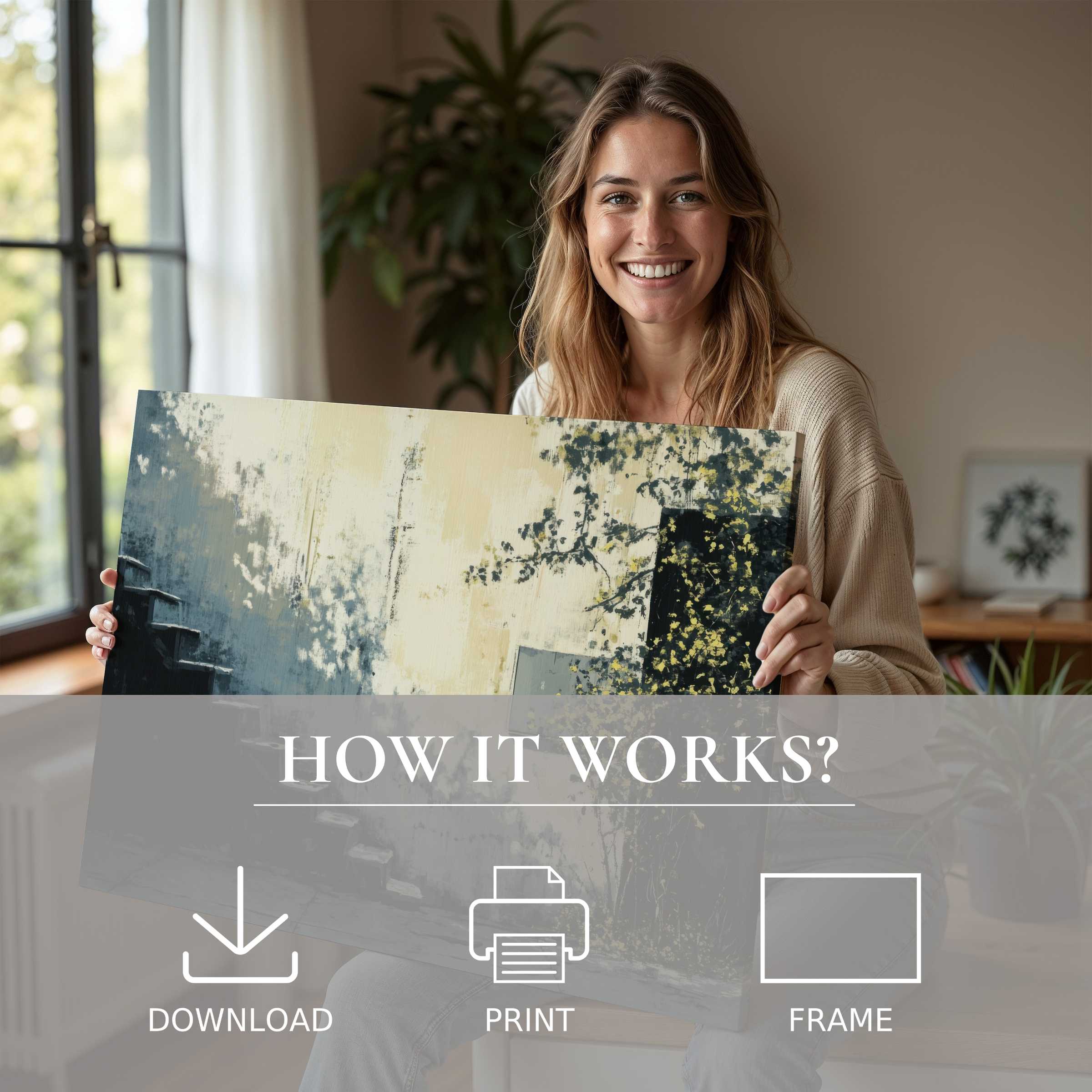 Joyful woman radiates connection and calm, embracing an urban digital art print in a chic, sunlit home sanctuary