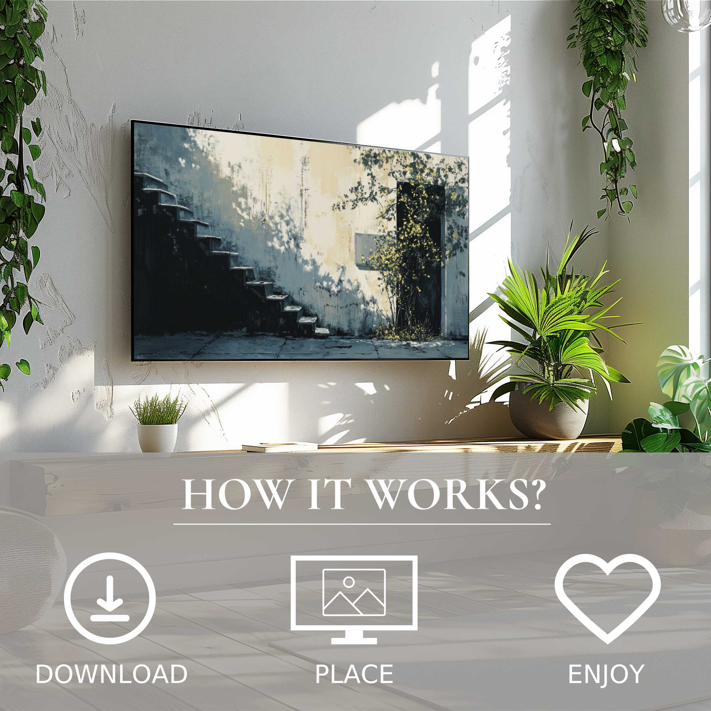 Urban art for Samsung TV showing soft light and shadow motif, easy digital download enriches modern living spaces