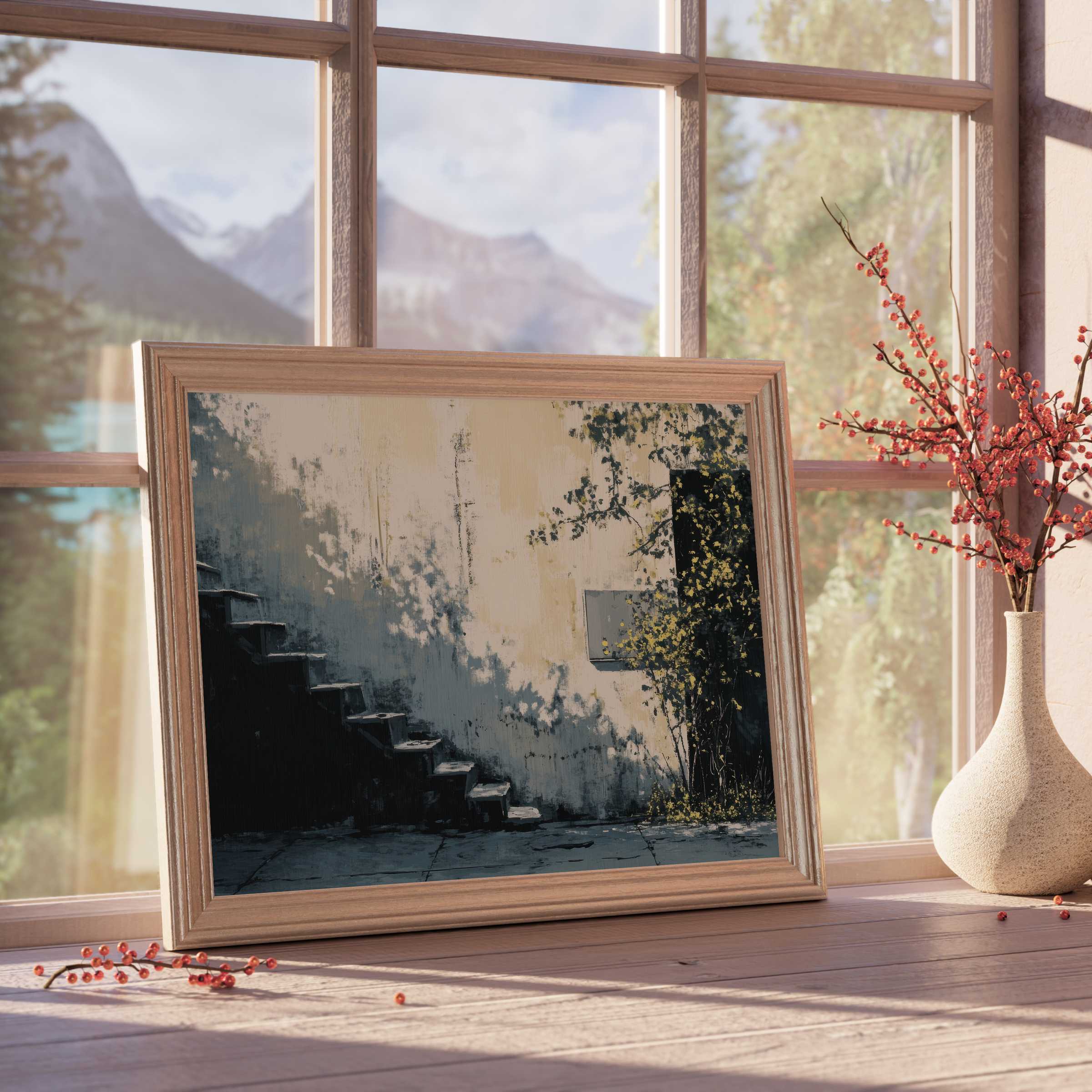 Urban downloadable art captures serene shadows and textured walls, enriching sophisticated interiors with tranquil, design-forward elegance