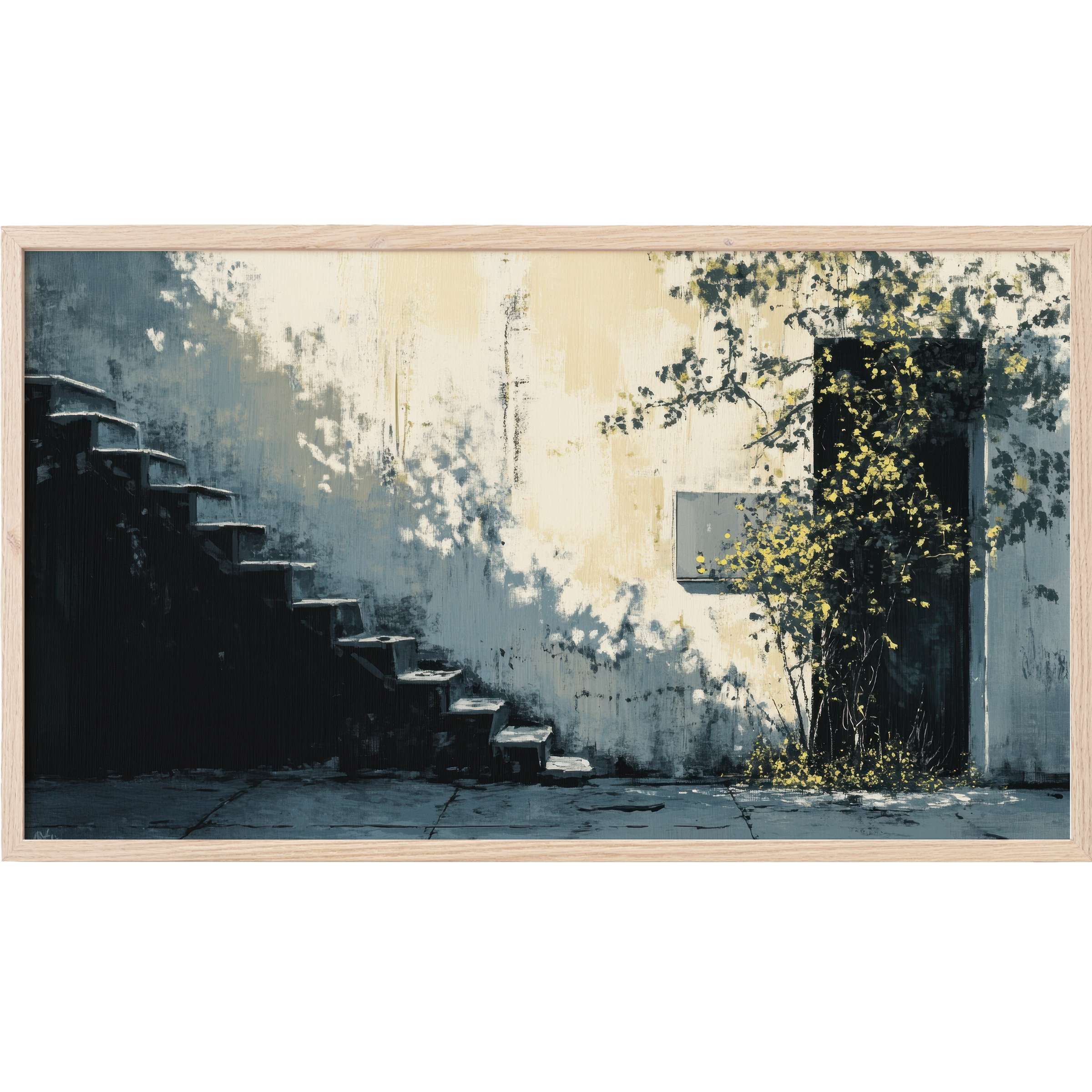 Urban Frame TV Art depicting shadowed stairs and yellow foliage against a textured cream and gray wall in muted tones