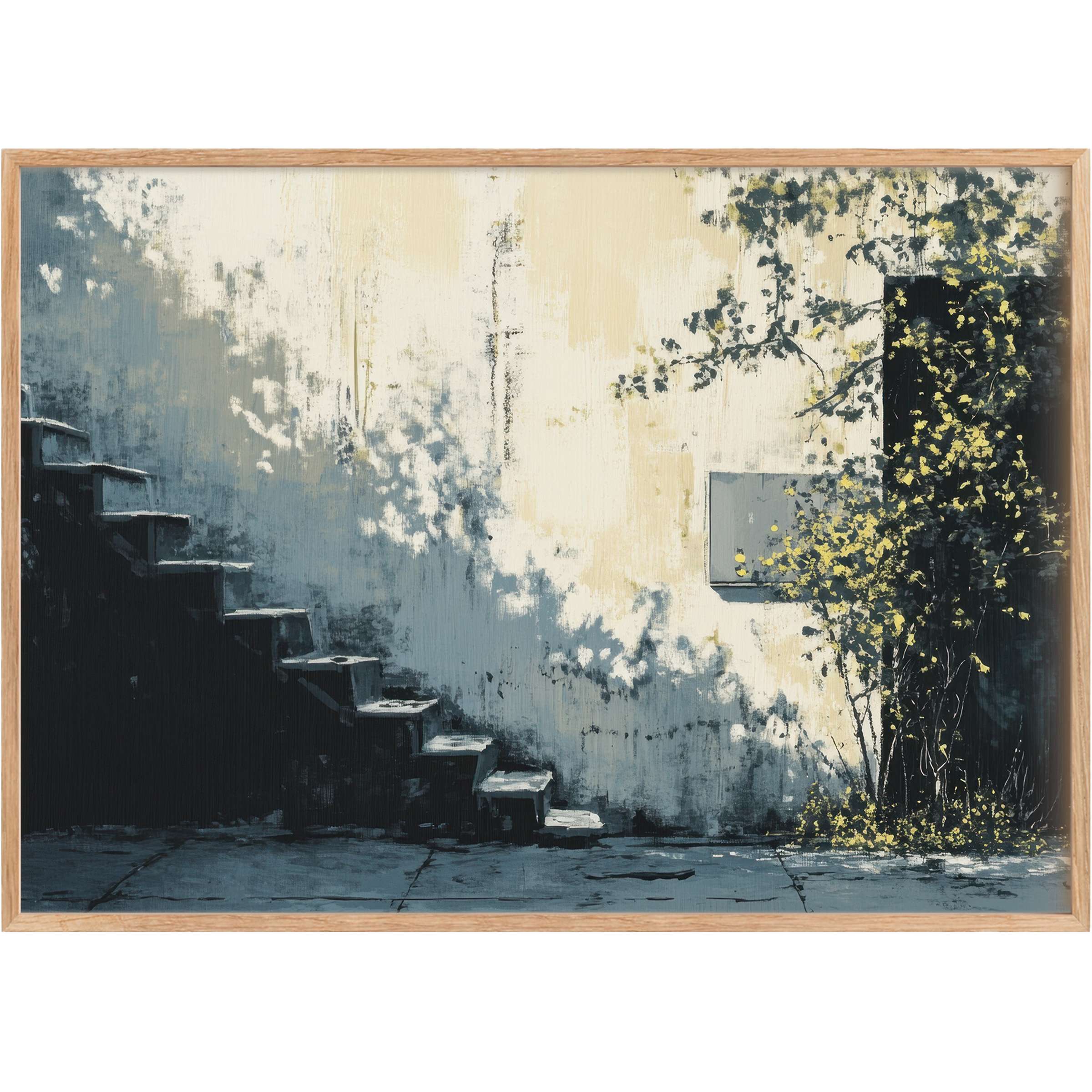 Moody urban printable wall art capturing textured shadows and soft yellow blossoms, evoking serene, contemplative elegance