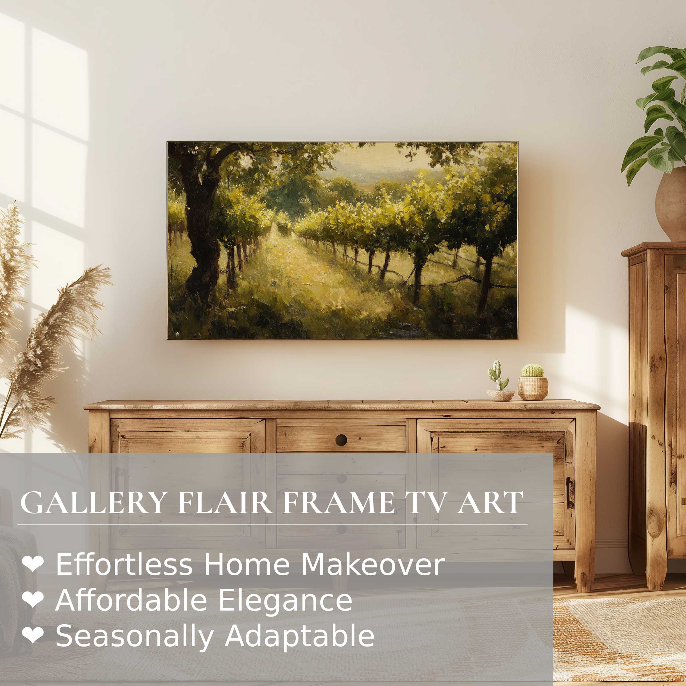 Elegant botanical digital artwork on Samsung Frame TV in warm, natural living space with refined rustic wooden decor