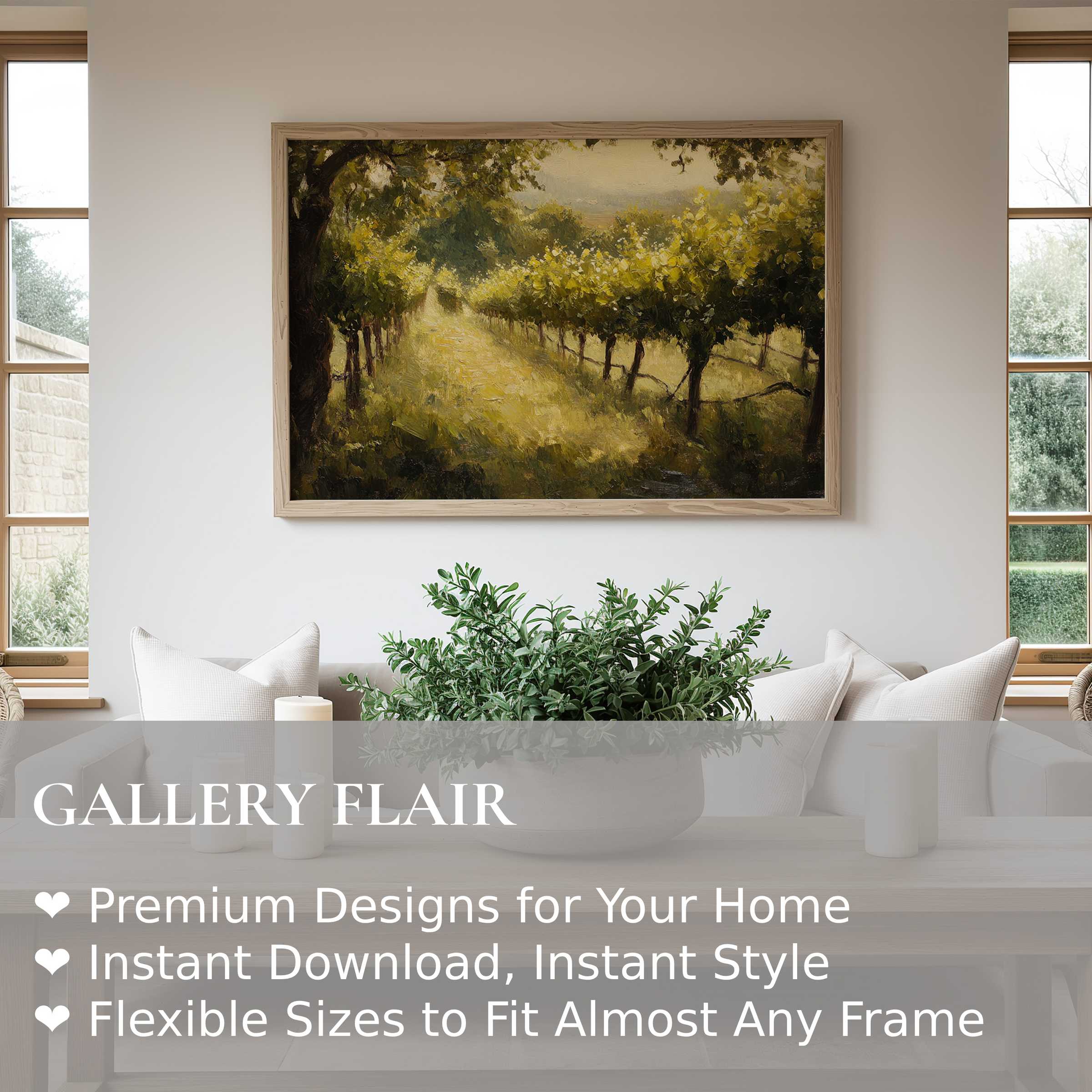 Botanical wall art print capturing a sunlit vineyard path with soft greens and earth tones, enhancing serene, modern farmhouse decor
